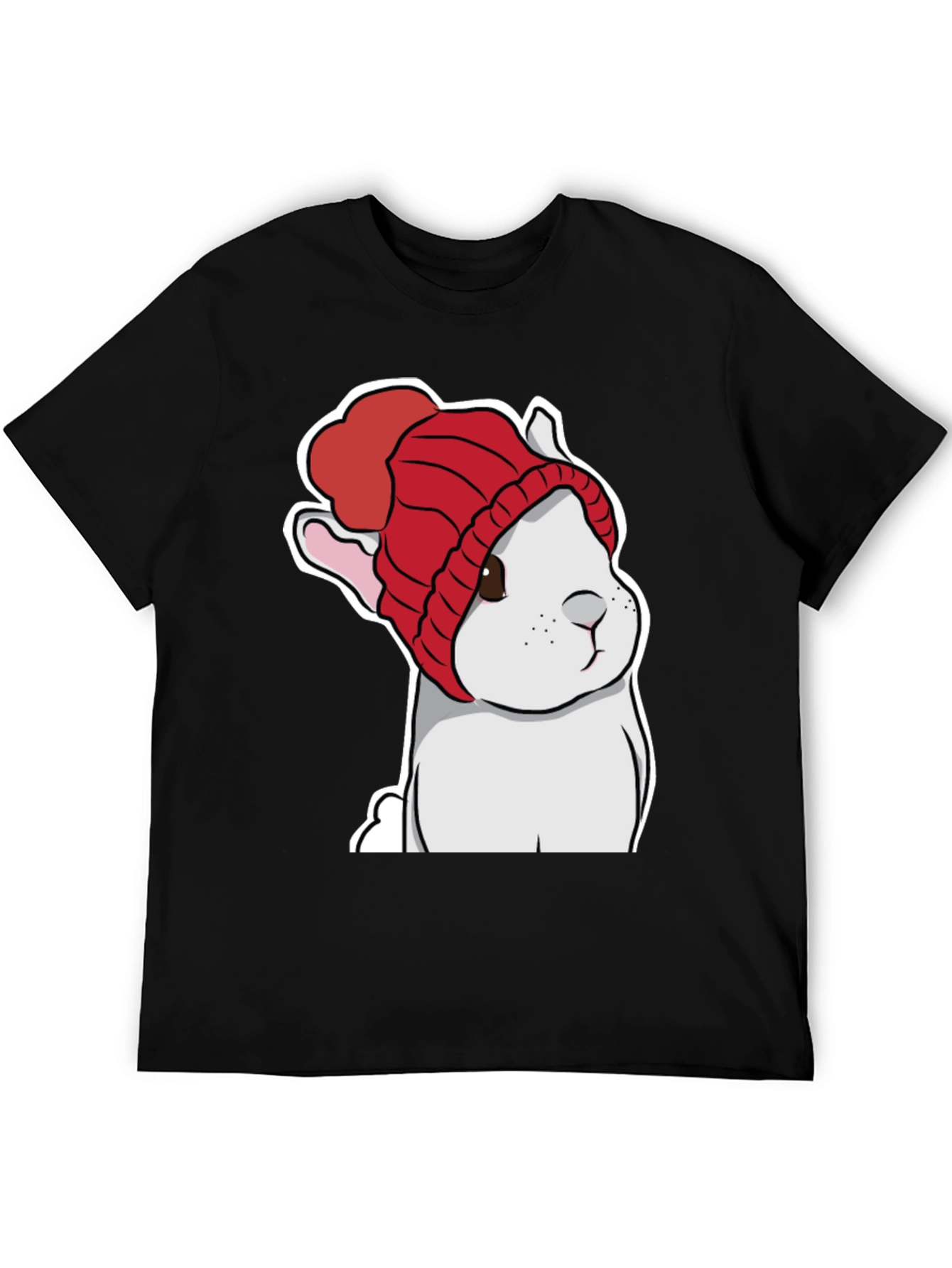 Black Cute Bunny in Red Knit Hat T-Shirt view 5