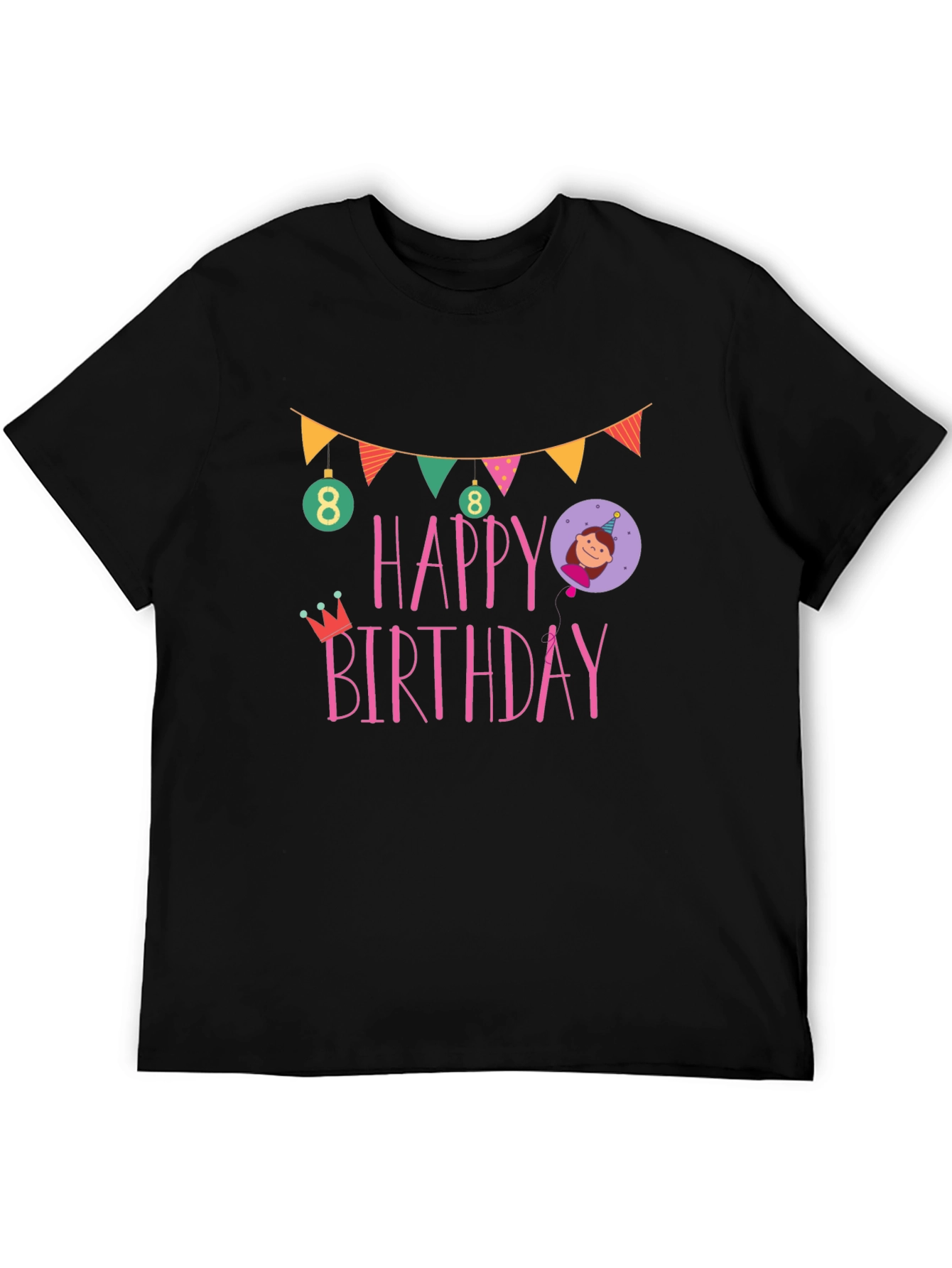 Black Happy 8th Birthday T-Shirt, Black Cotton Tee view 5