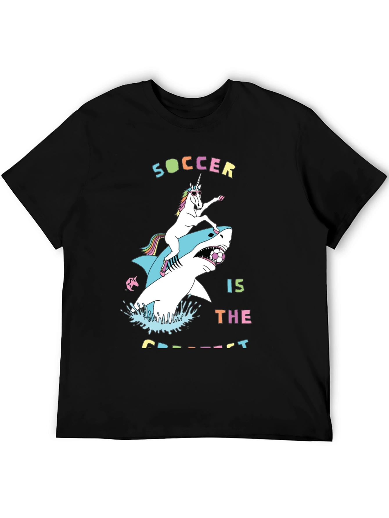 Black Unicorn Riding Shark Soccer T-Shirt view 5