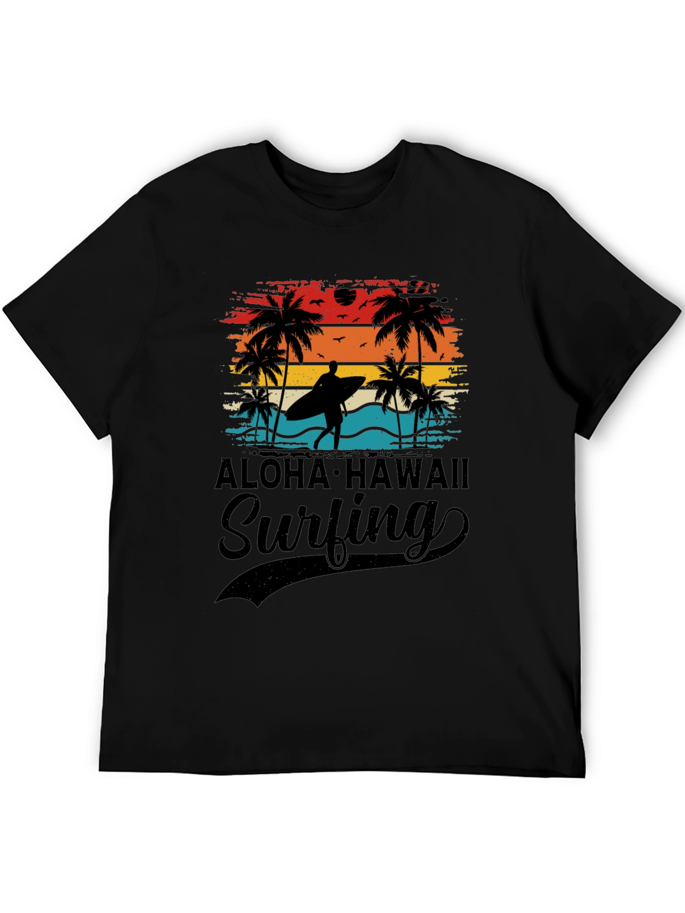 Black Aloha Hawaii Surfing T-Shirt Palm Tree Sunset Tee view 5