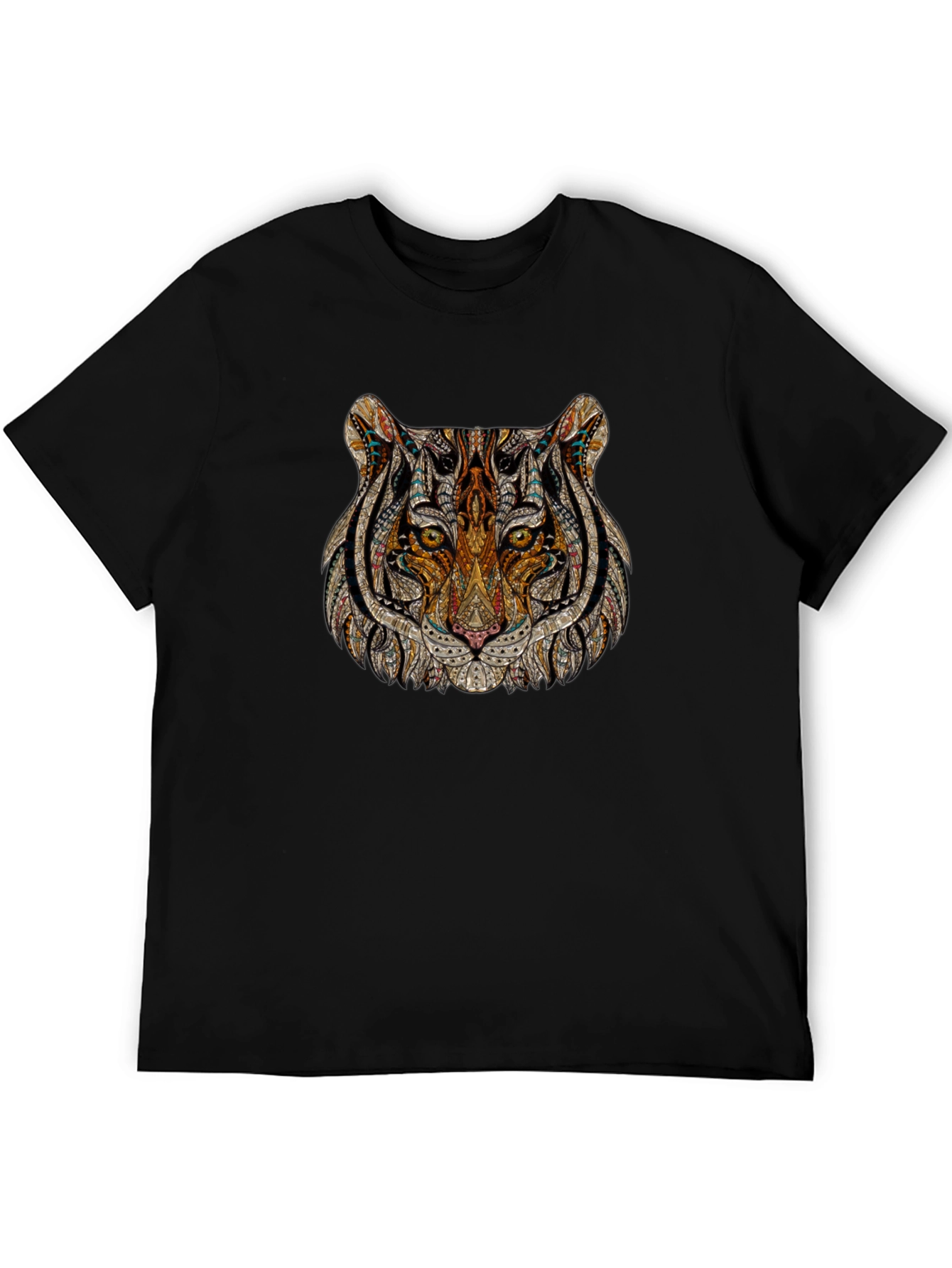 Black Intricate Tiger Head Graphic Print Black T-Shirt view 5