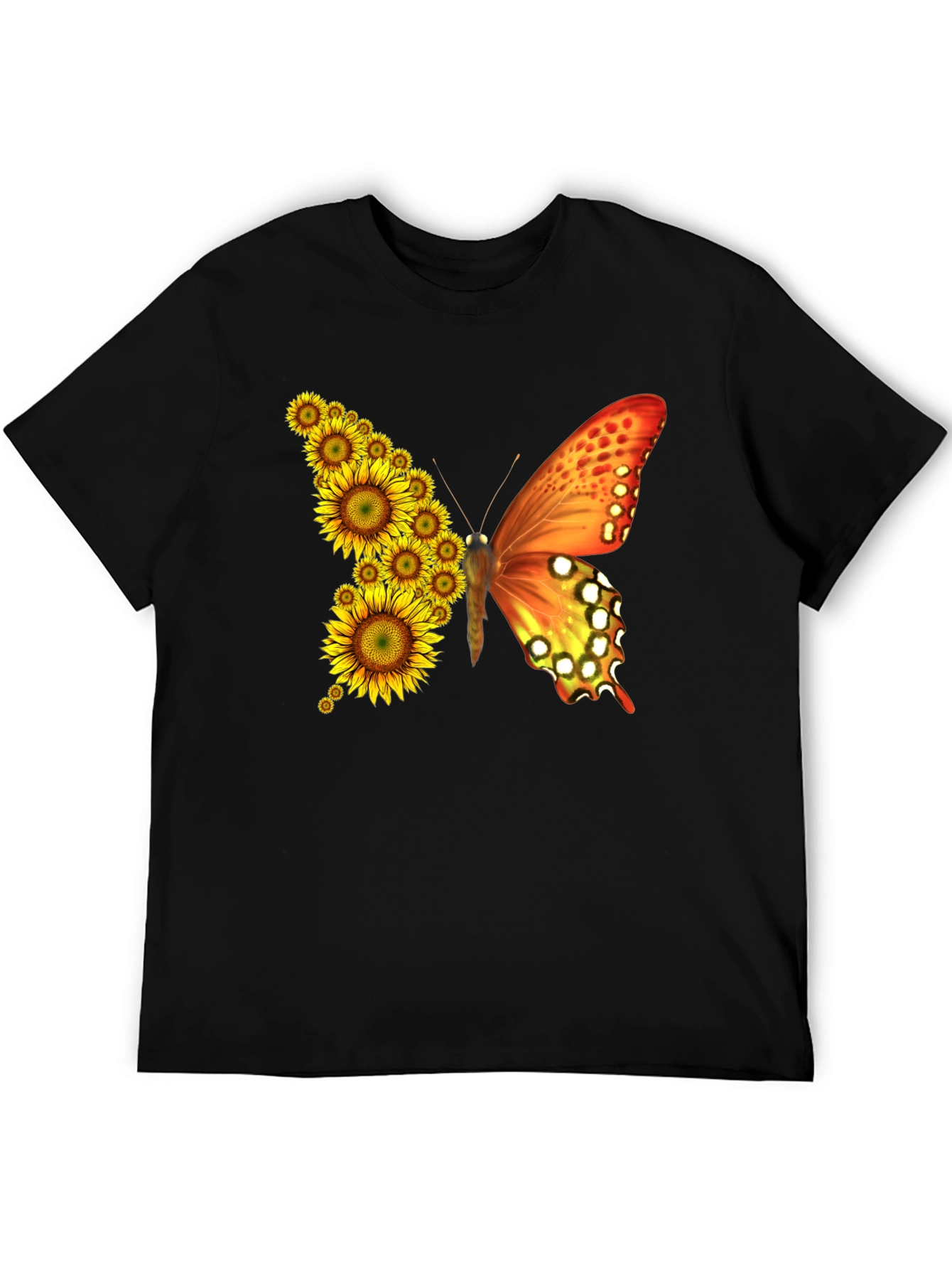Sunflower Butterfly Graphic Tee - Black Cotton Blend Shirt - 5