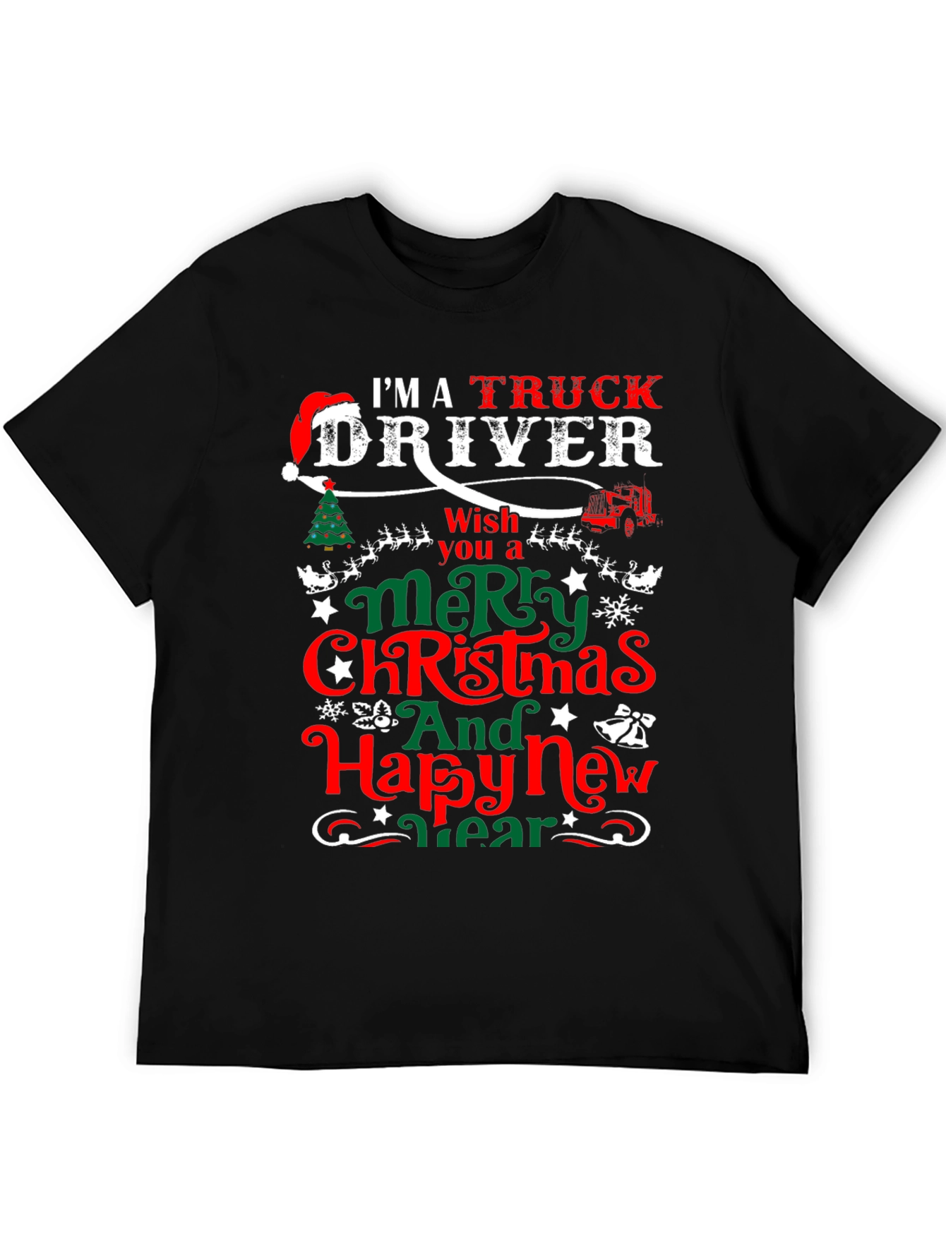 Black Truck Driver Christmas T-Shirt view 5
