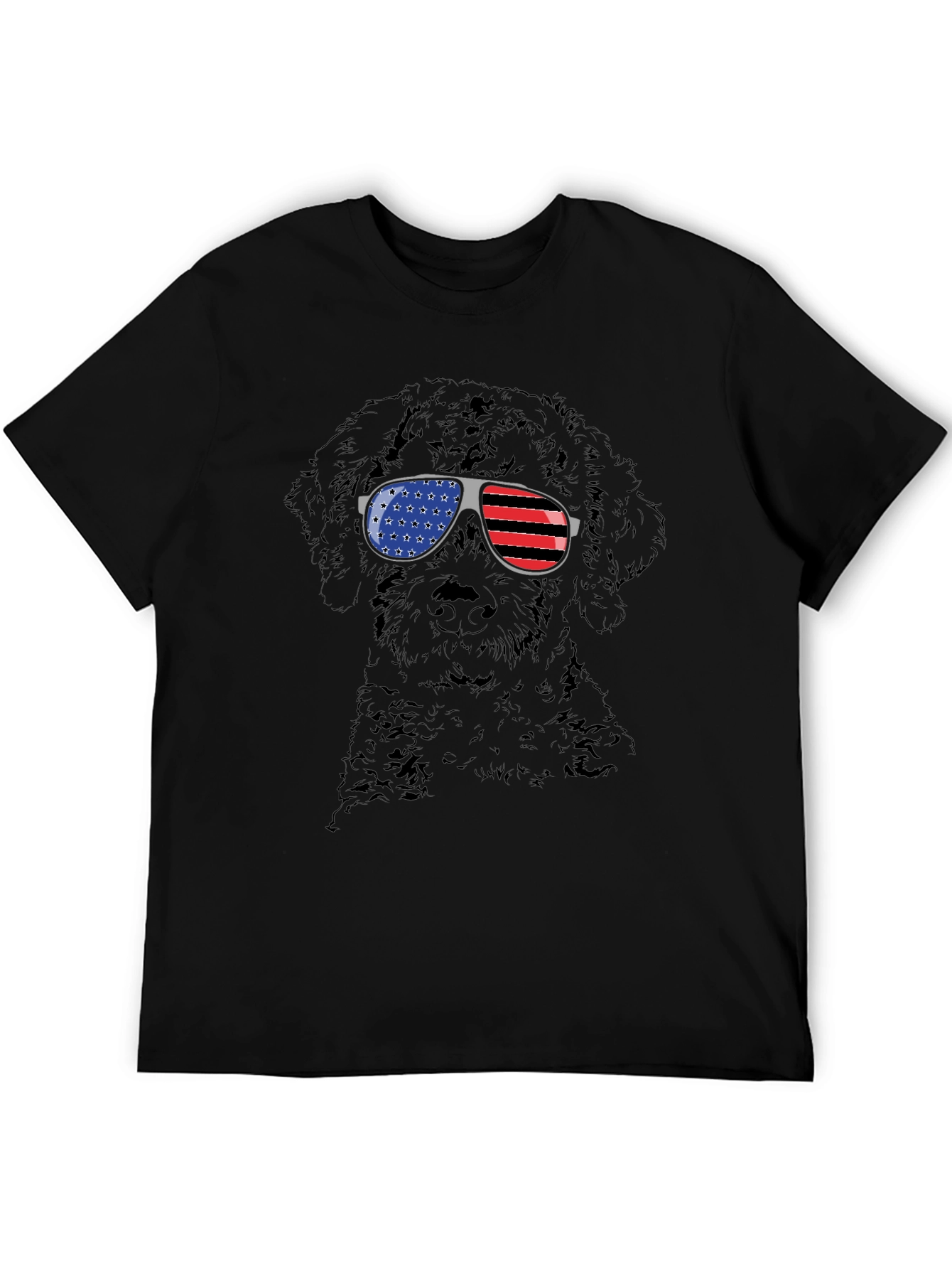 Black Cool Dog American Flag Sunglasses Black T-Shirt view 5