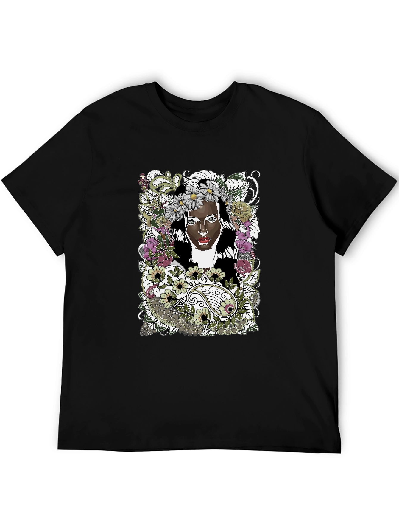 Black Floral Woman Graphic Tee - Black Unisex T-Shirt view 5