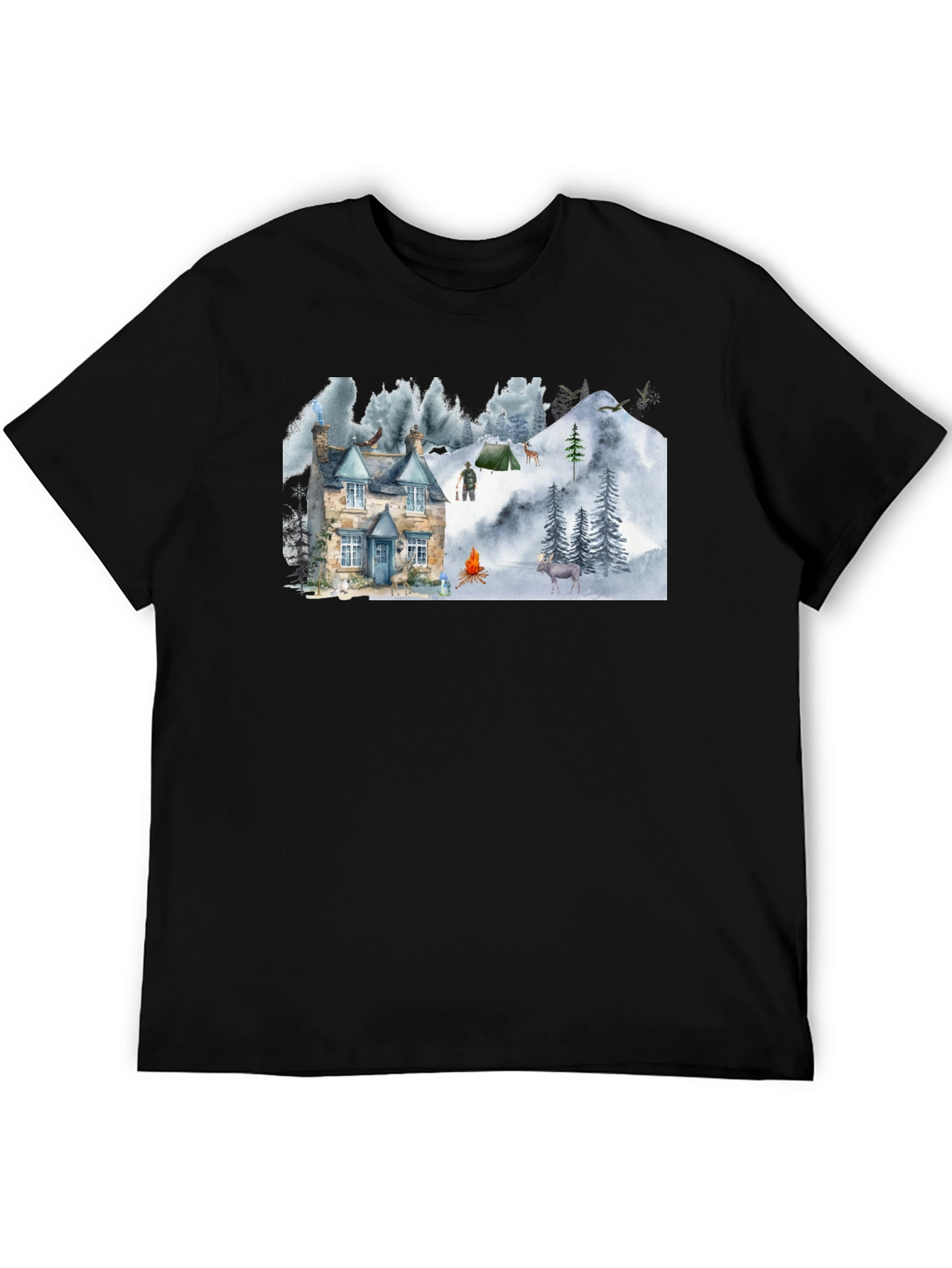 Black Cozy Cabin Mountain Scene Graphic T-Shirt view 5