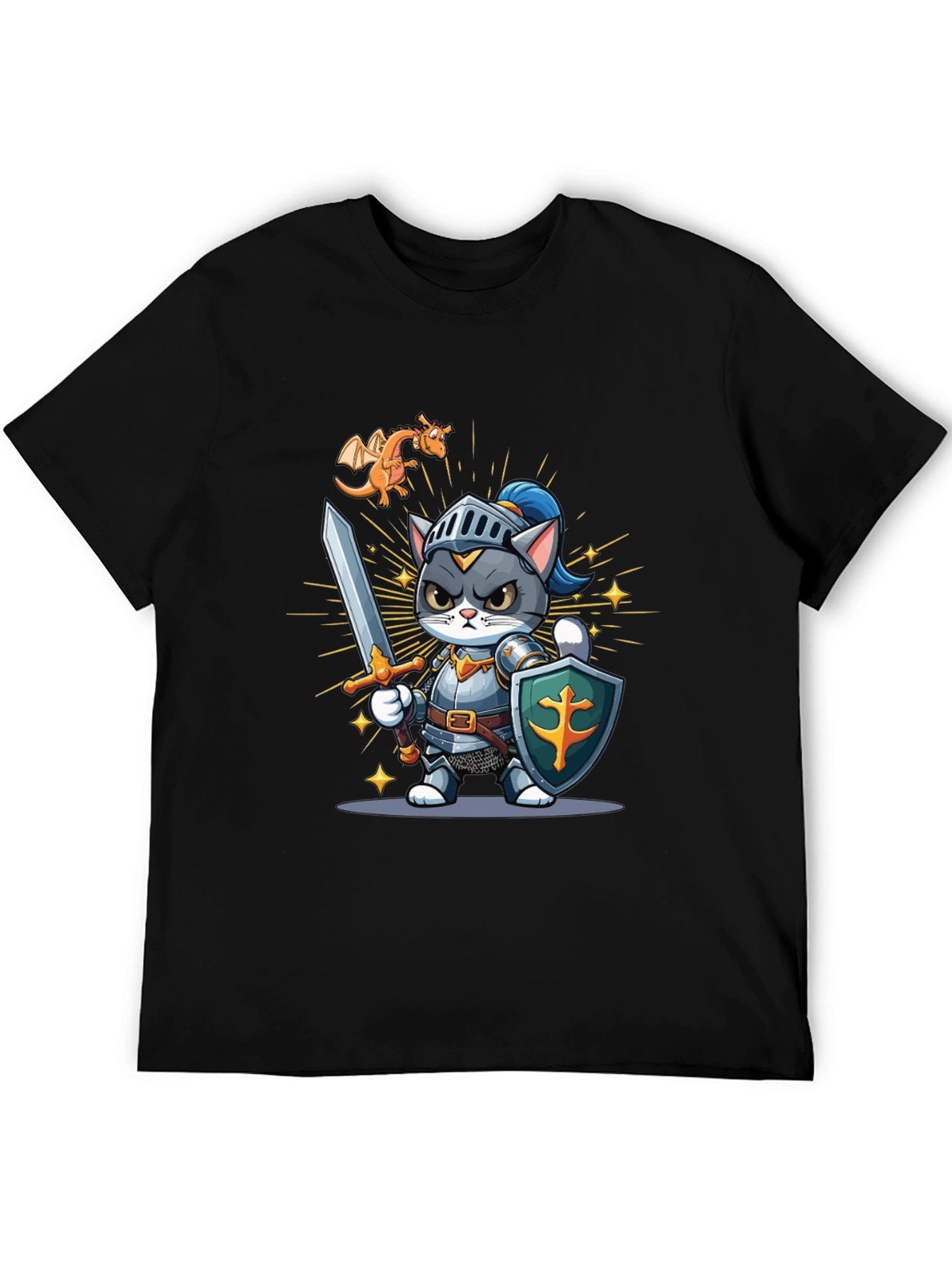 Black Cat Knight T-Shirt: Cartoon Medieval Warrior Tee view 5