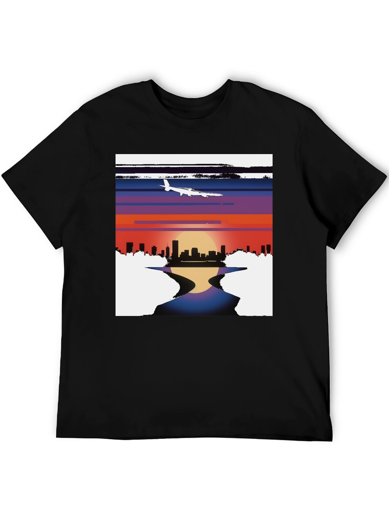 Black Sunset Airplane Cityscape Graphic Tee view 5