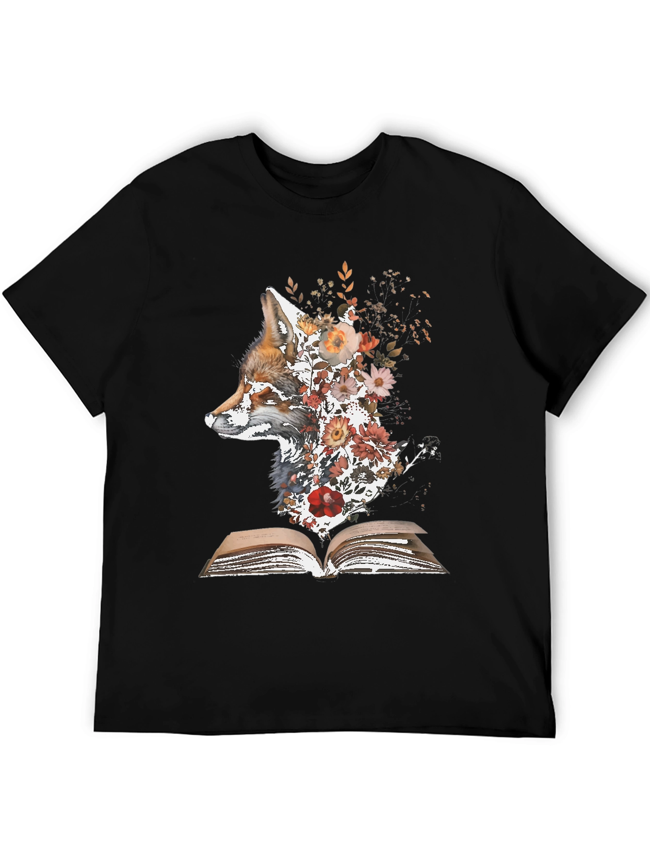 Black Fox & Flowers Book T-Shirt - Unique Nature Graphic Tee view 5