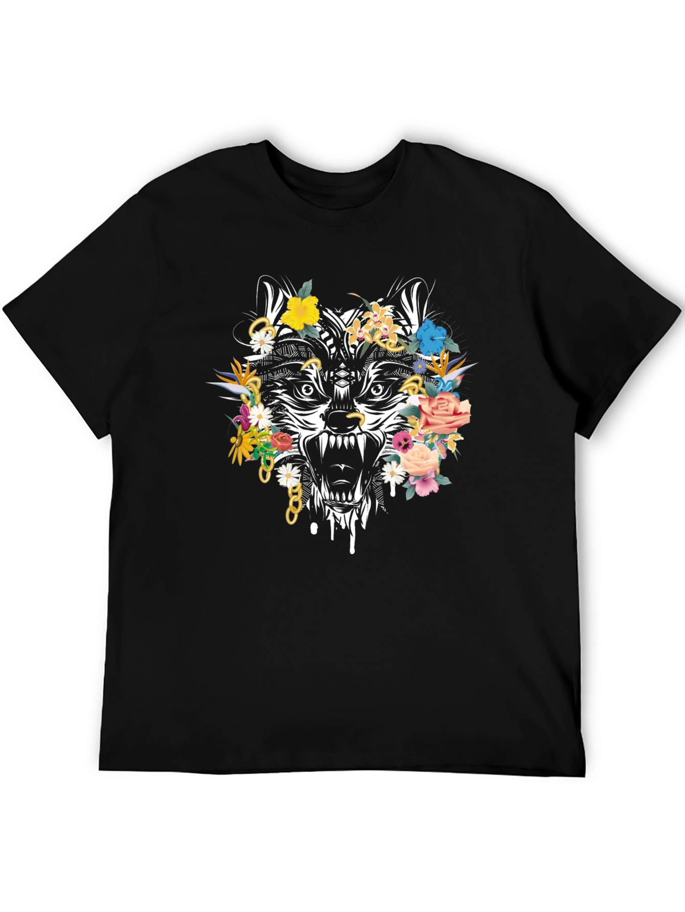 Black Floral Wolf Graphic Tee - Men's Black T-Shirt view 5