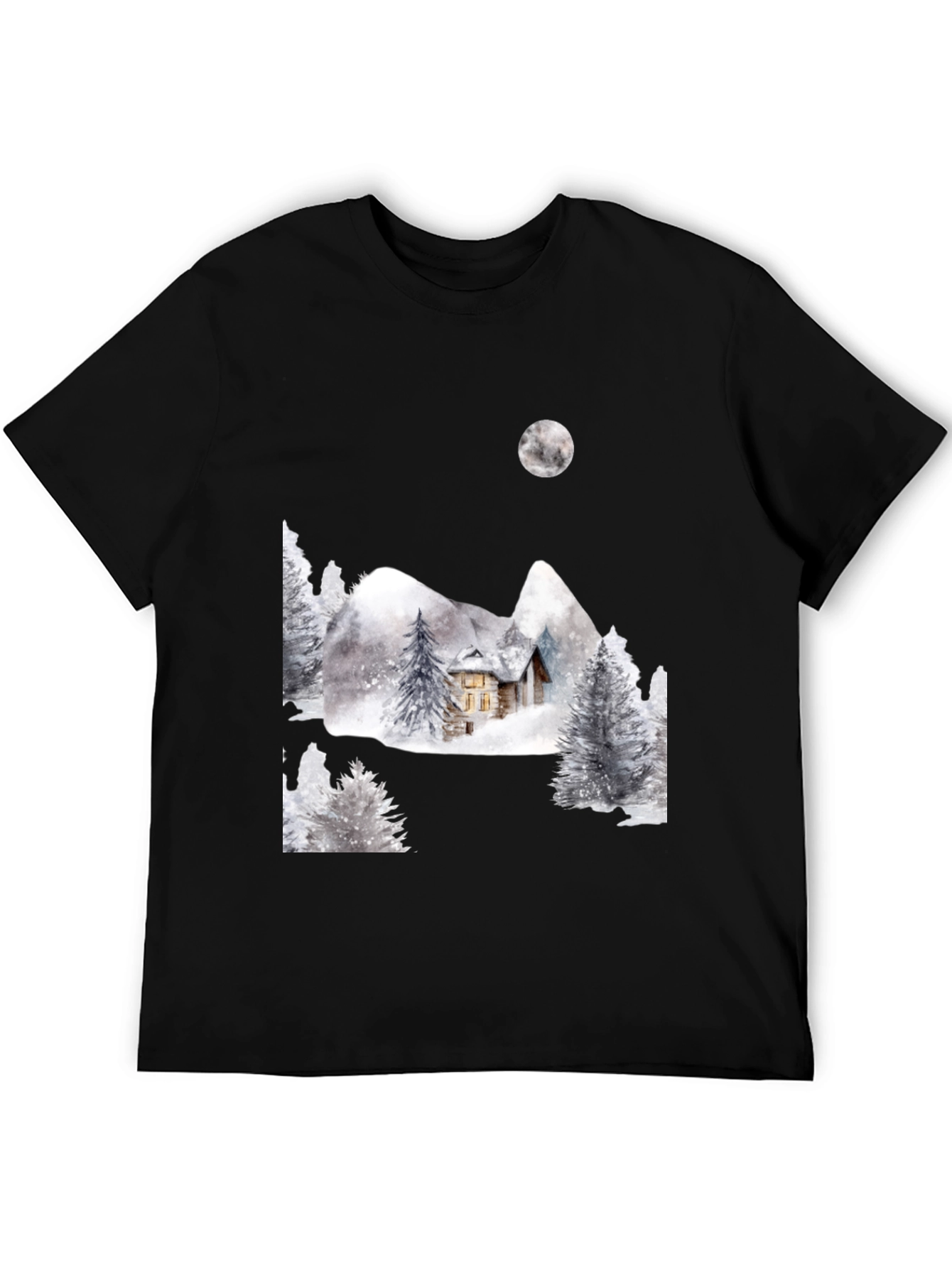 Black Winter Cabin Scene Black T-Shirt view 5
