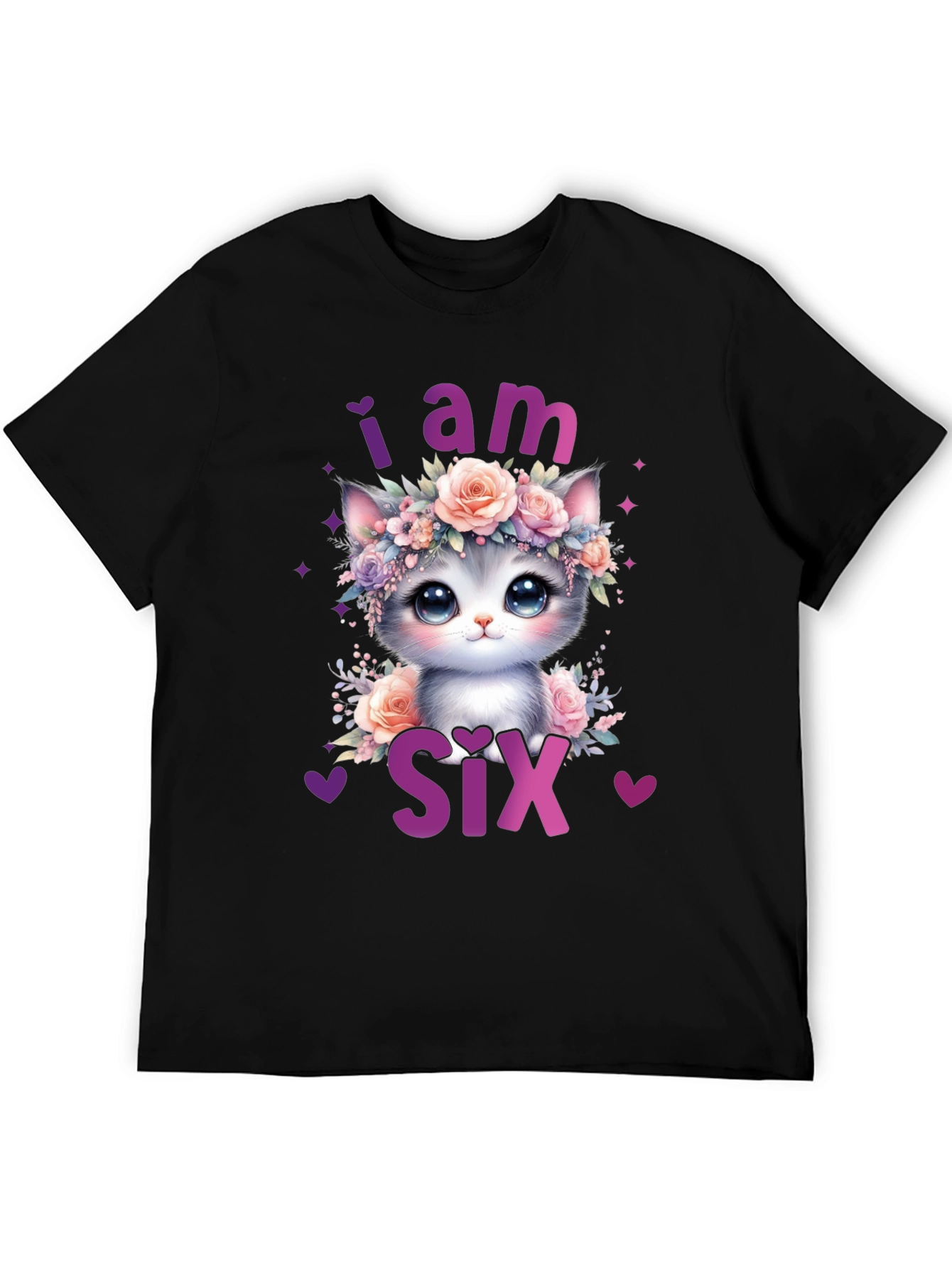 Black Cute Cat "I am Six" Birthday T-Shirt view 5