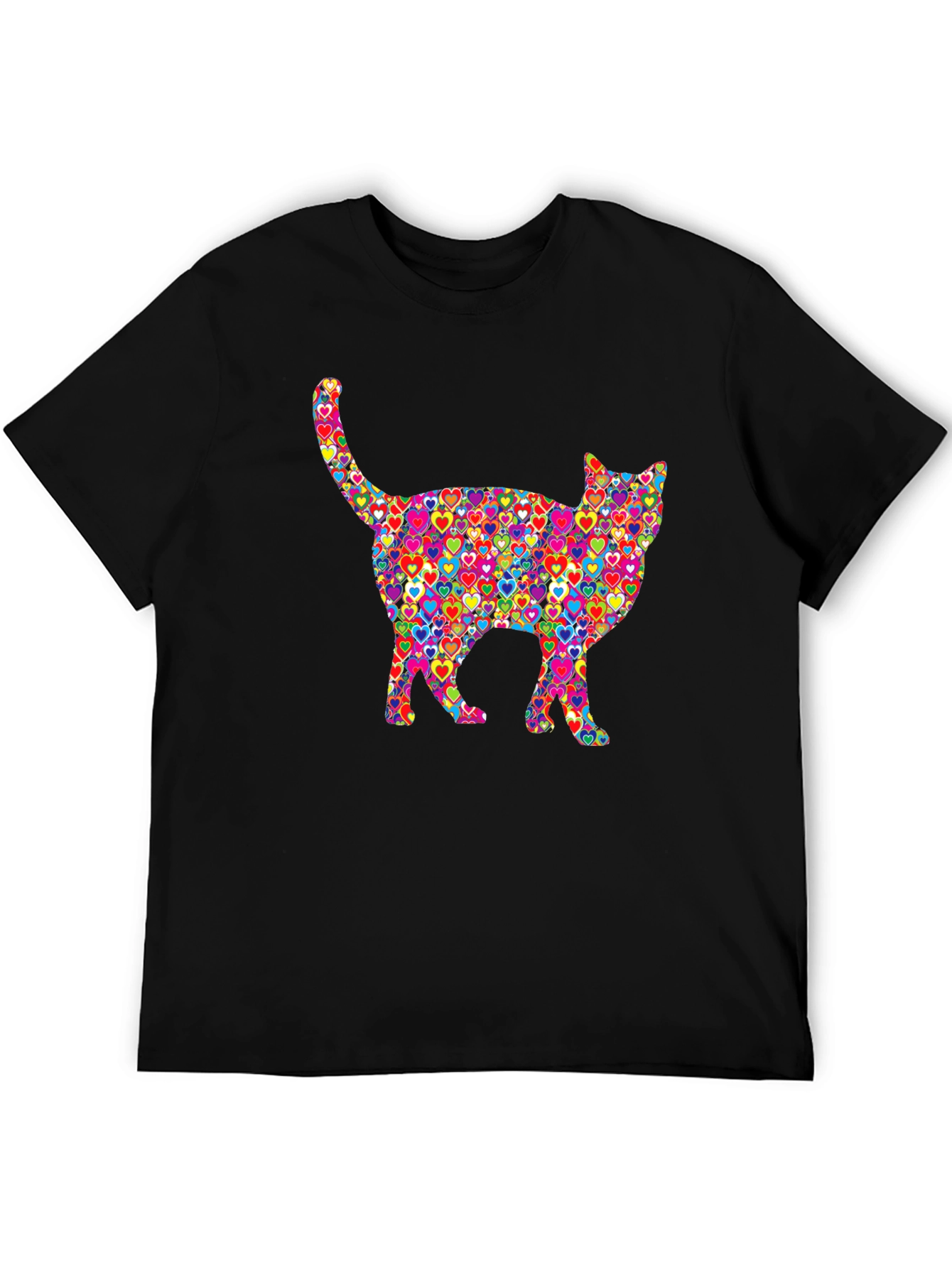 Black Colorful Heart Cat Graphic T-Shirt view 5