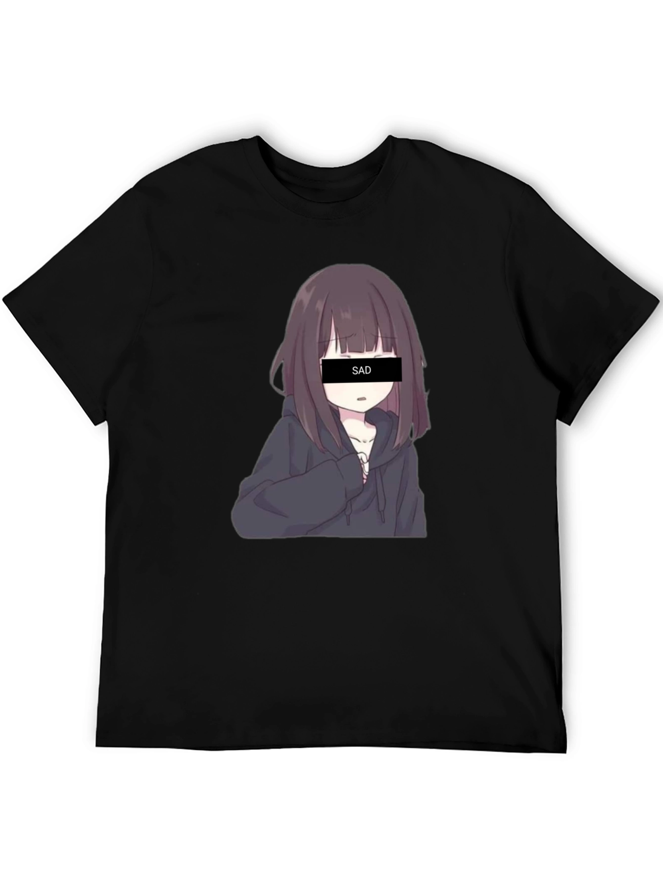 Black Anime Sad Girl Graphic Print Black T-Shirt view 5