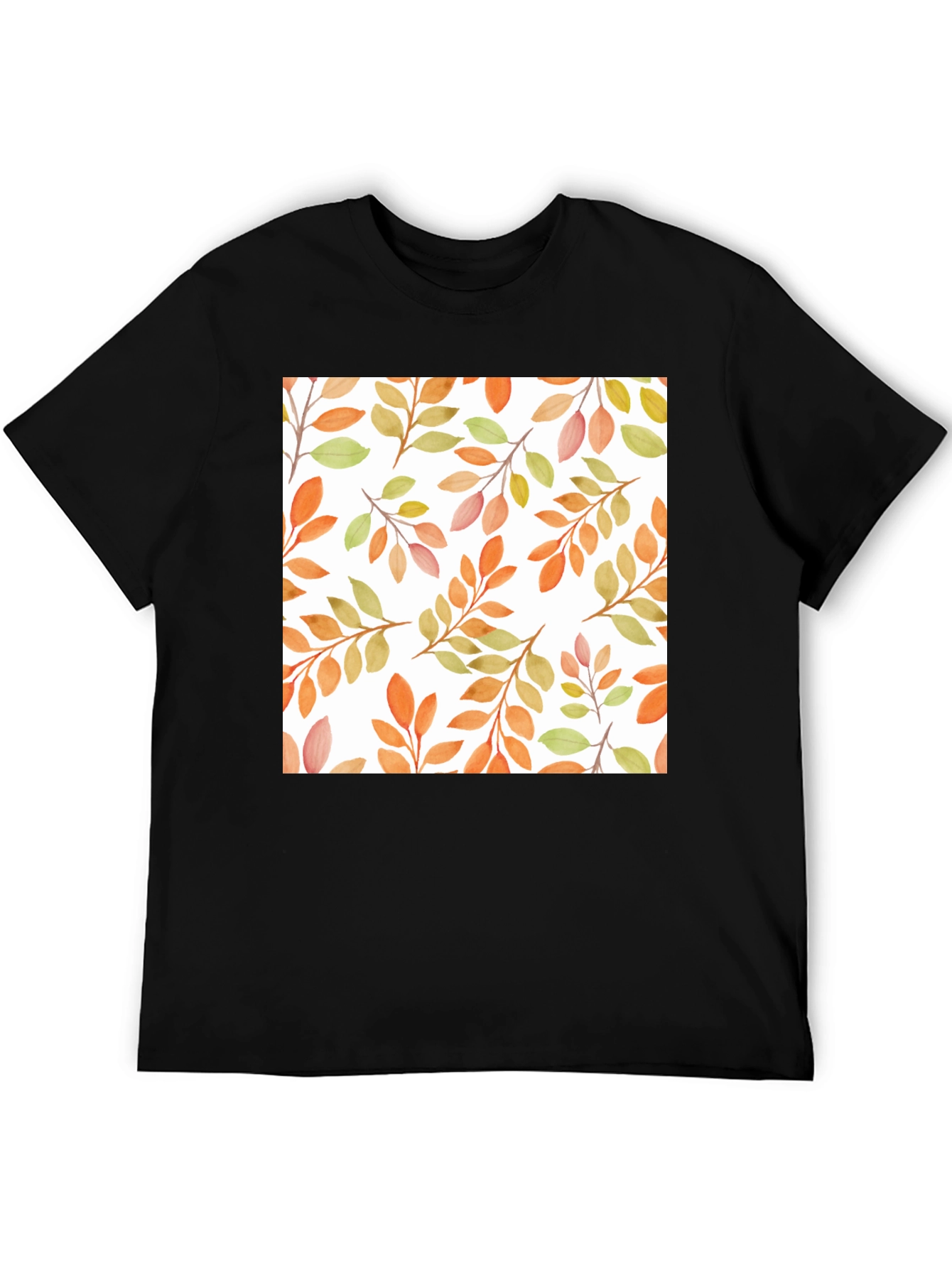 Black Autumn Leaves Pattern Black T-Shirt view 5