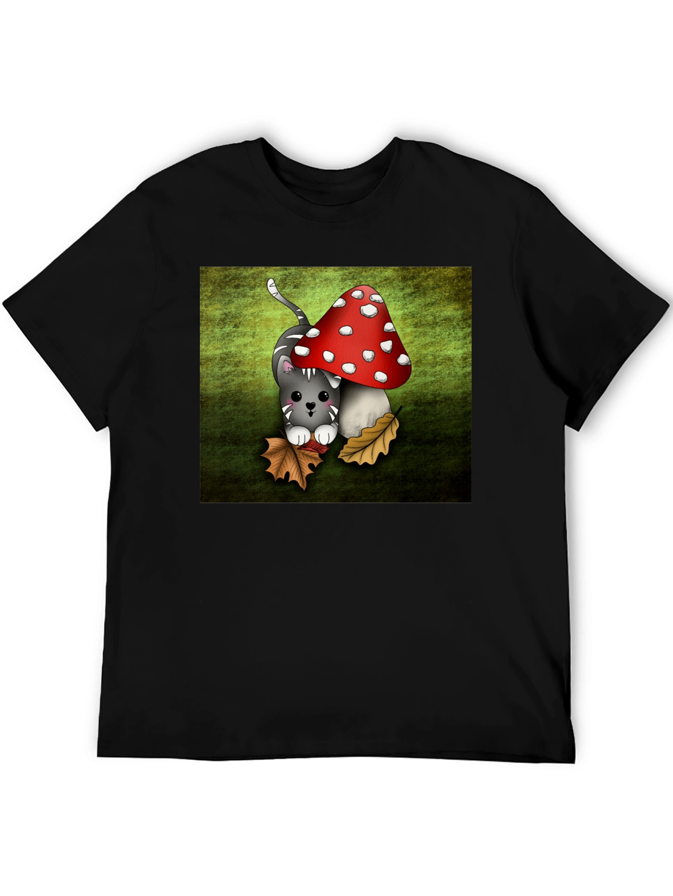 Black Cute Cartoon Cat and Mushroom Graphic T-Shirt view 5