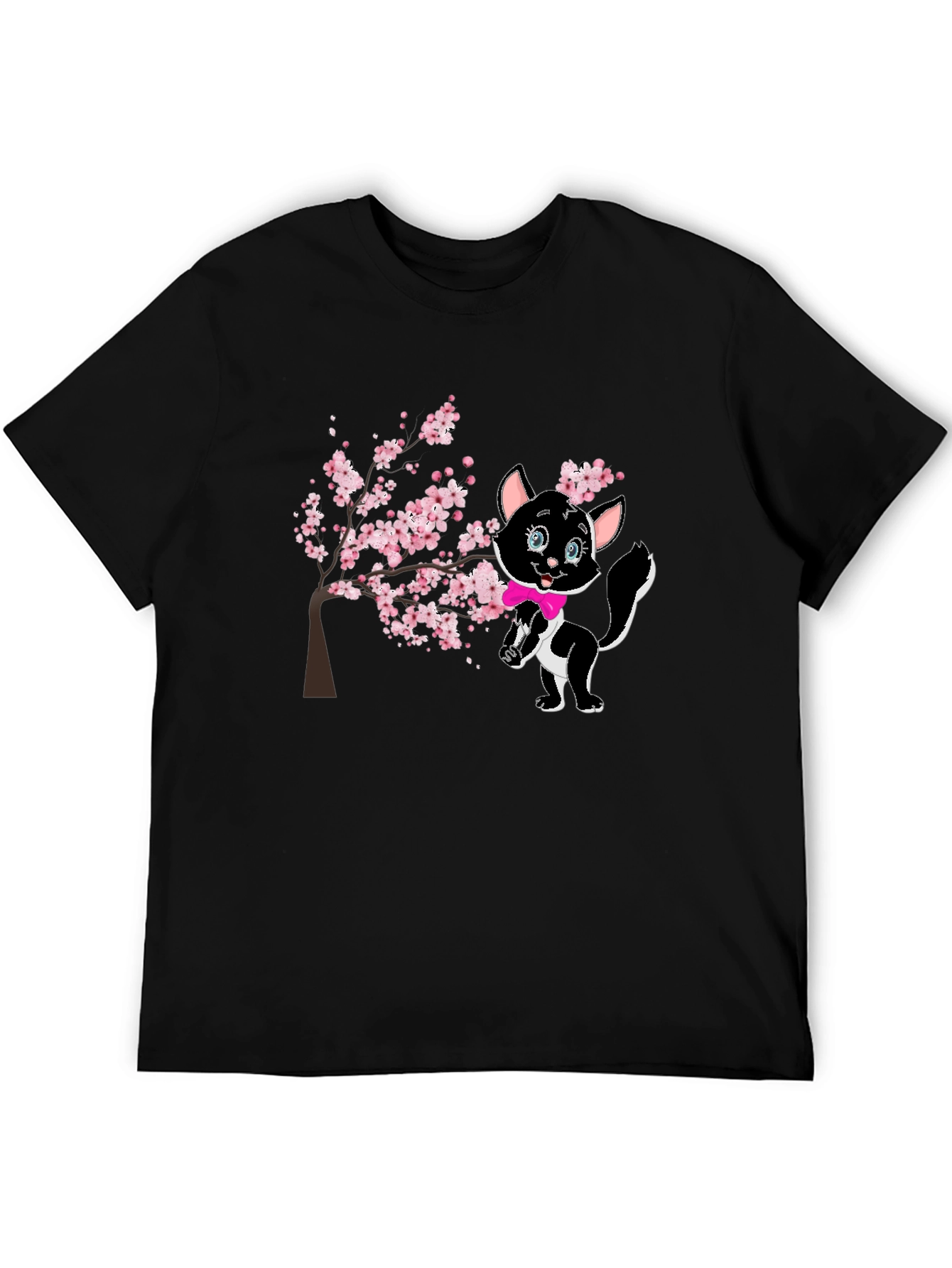 Black Cute Cat & Cherry Blossom Black T-Shirt view 5