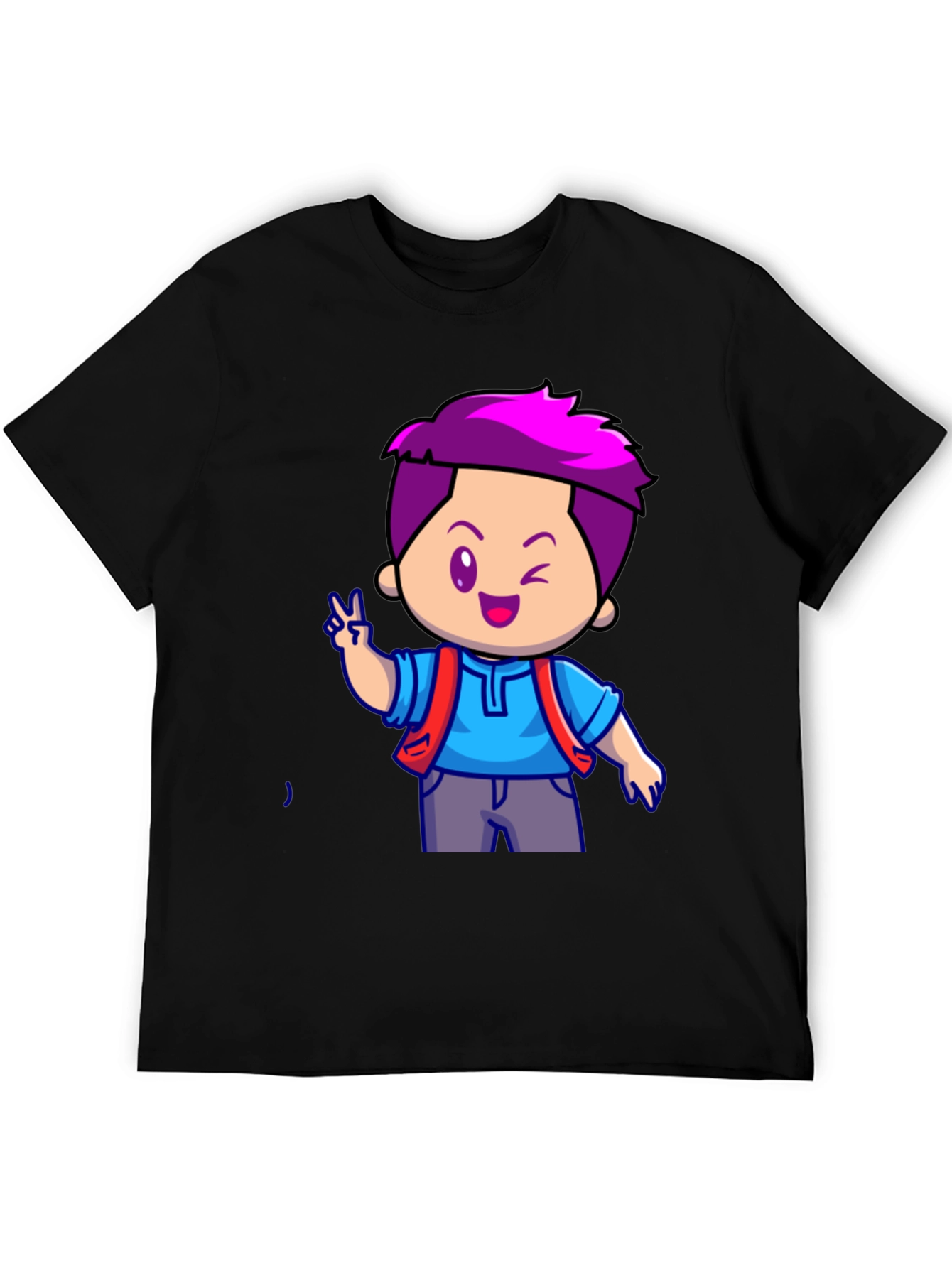 Black Cartoon Boy Graphic T-Shirt - Black view 5