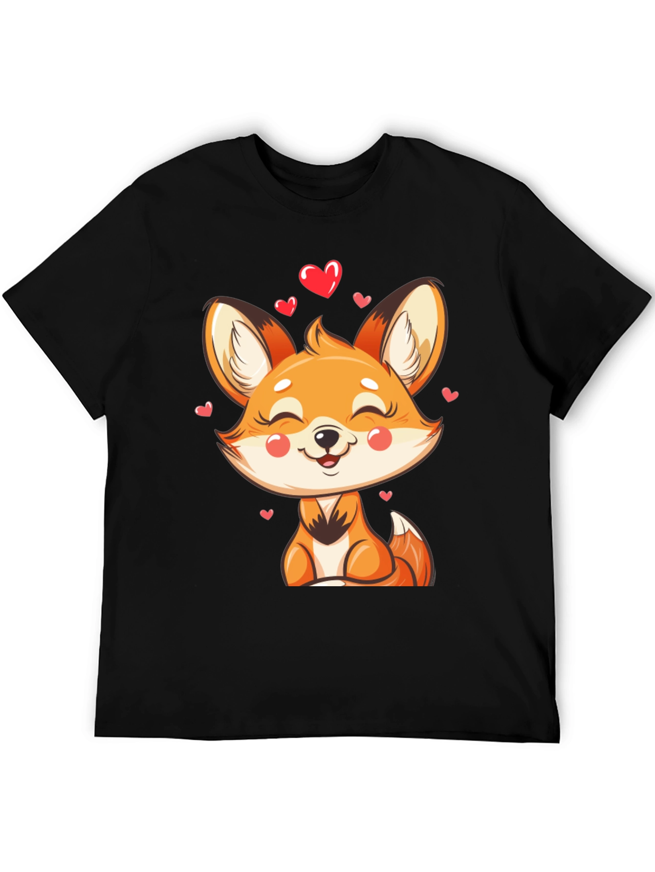 Black Cute Fox Heart Graphic Black T-Shirt view 5