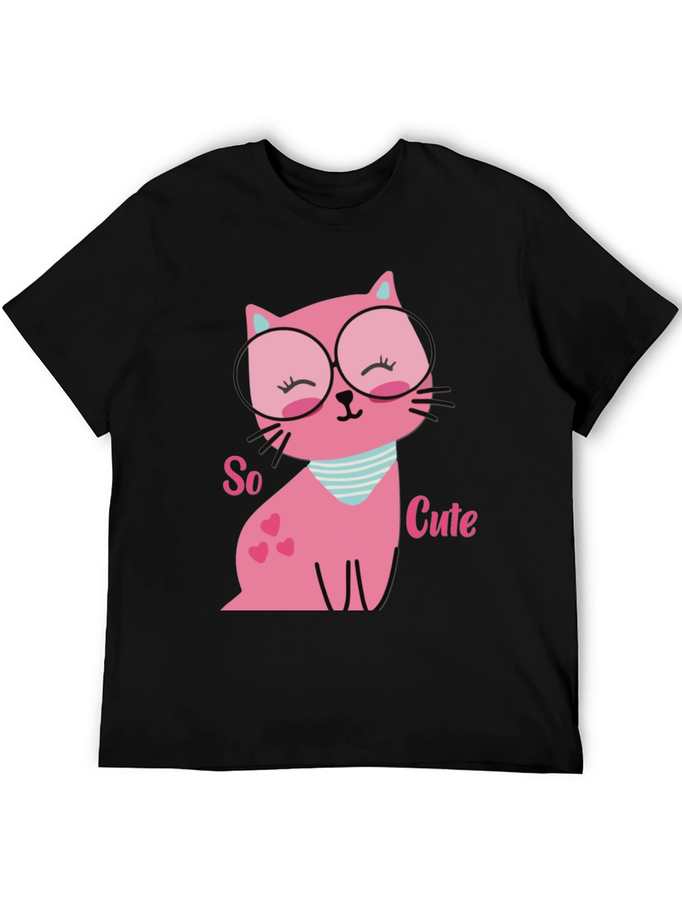 Black Cute Pink Cat T-Shirt view 5