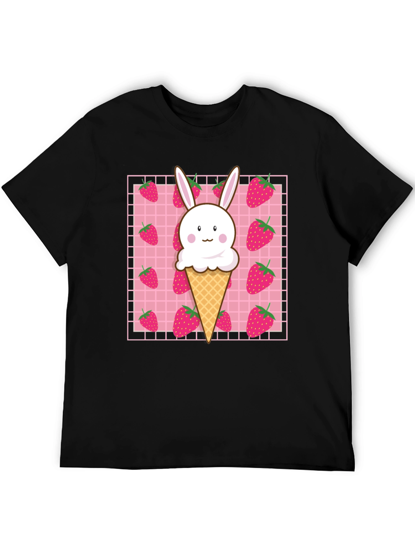 Black Kawaii Strawberry Bunny Ice Cream T-Shirt view 5