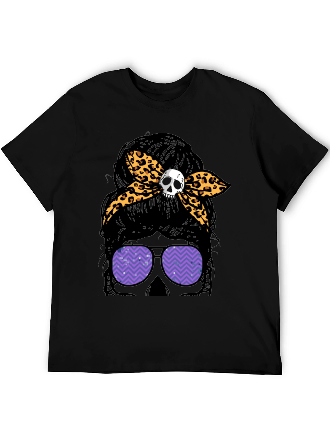 Black Messy Bun Skull Leopard Bow T-Shirt view 5
