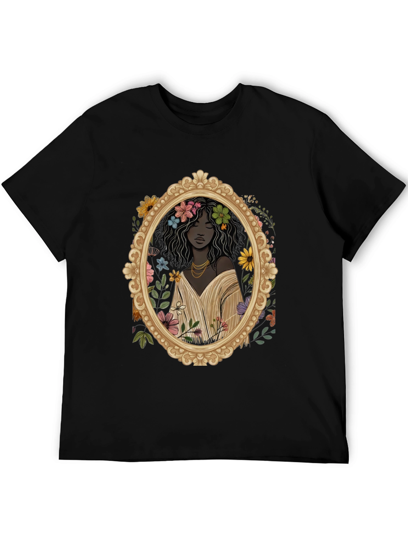 Black Floral Portrait Graphic Tee - Black Unisex T-Shirt view 5