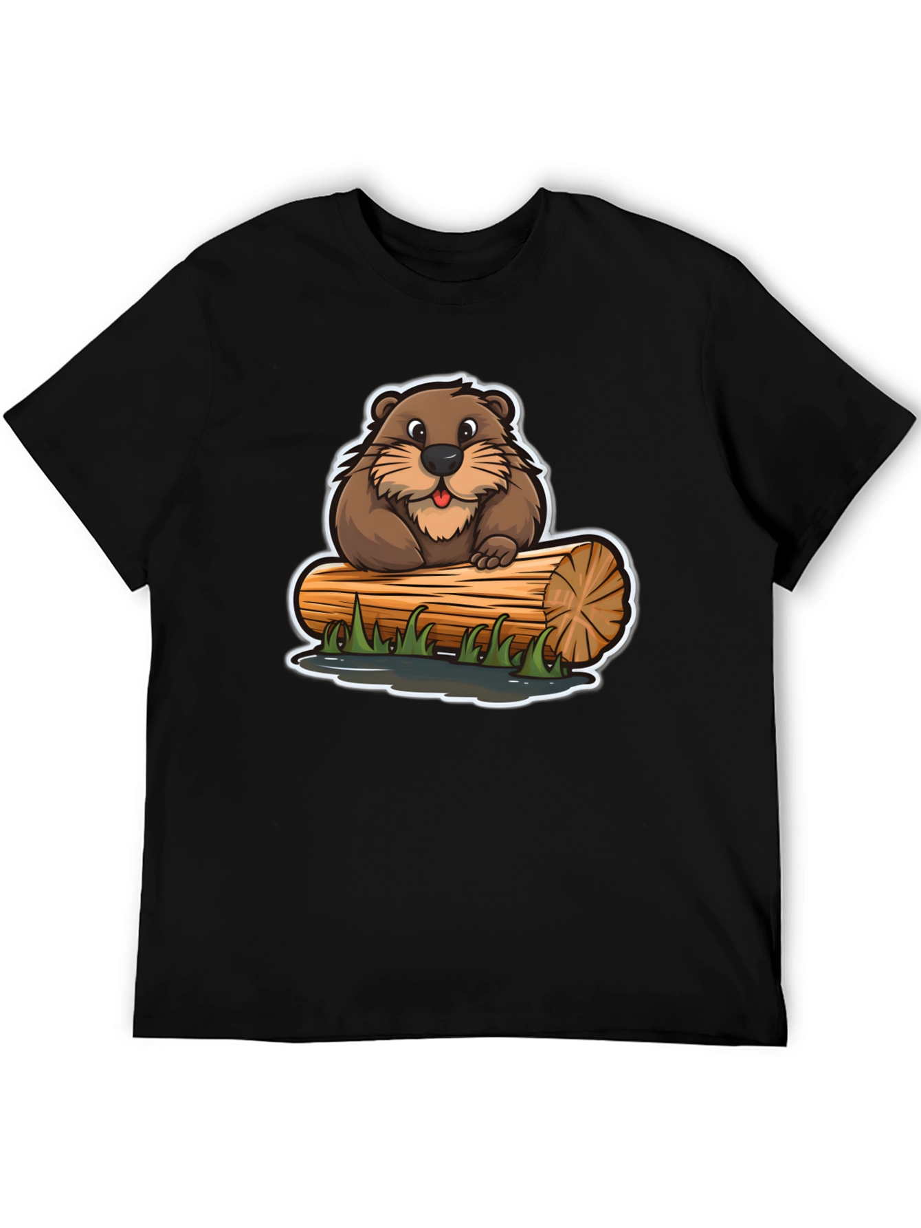 Black Cartoon Beaver on Log T-Shirt view 5