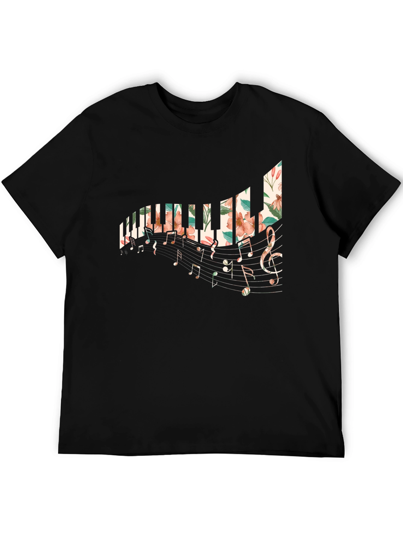 Black Floral Piano Keys T-Shirt view 5