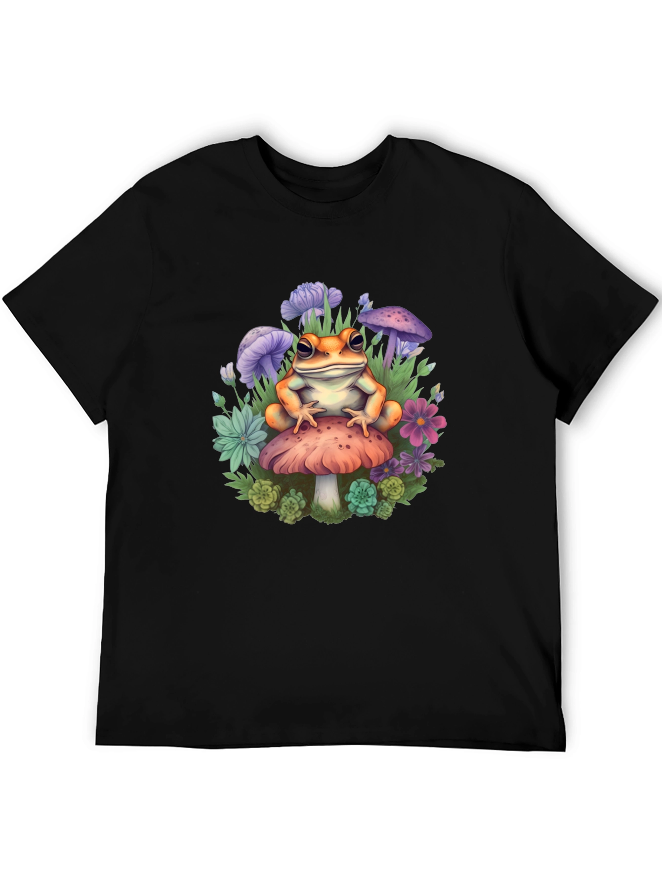 Black Frog on Mushroom Graphic Tee - Whimsical Toadstool Design view 5
