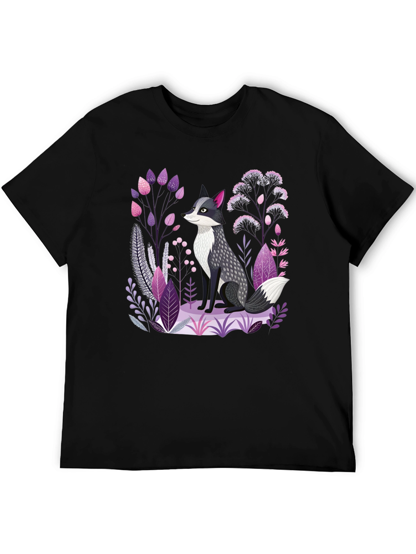 Black Fox & Floral Graphic Print Black T-Shirt view 5