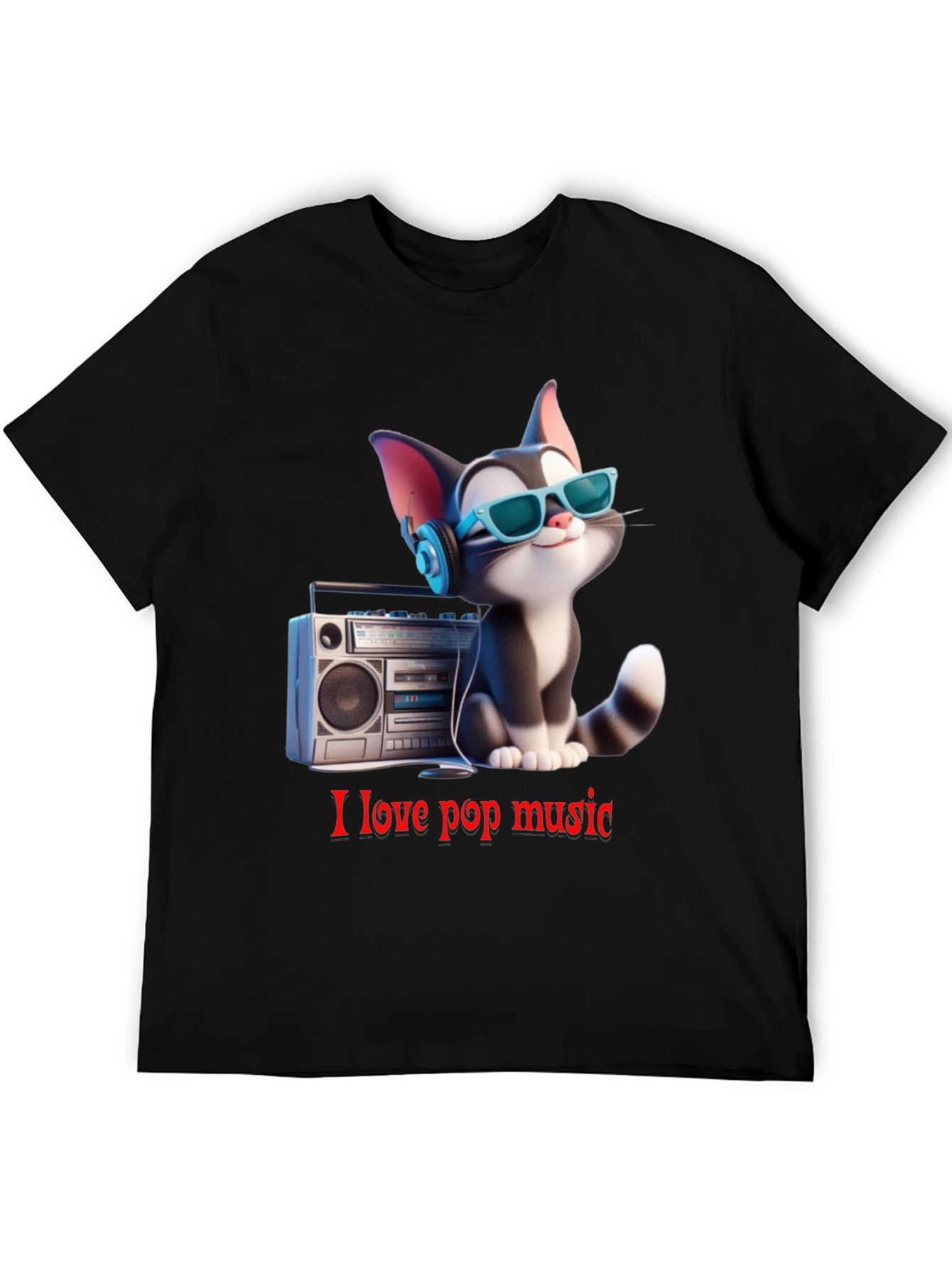 Black Cool Cat Loves Pop Music T-Shirt view 5