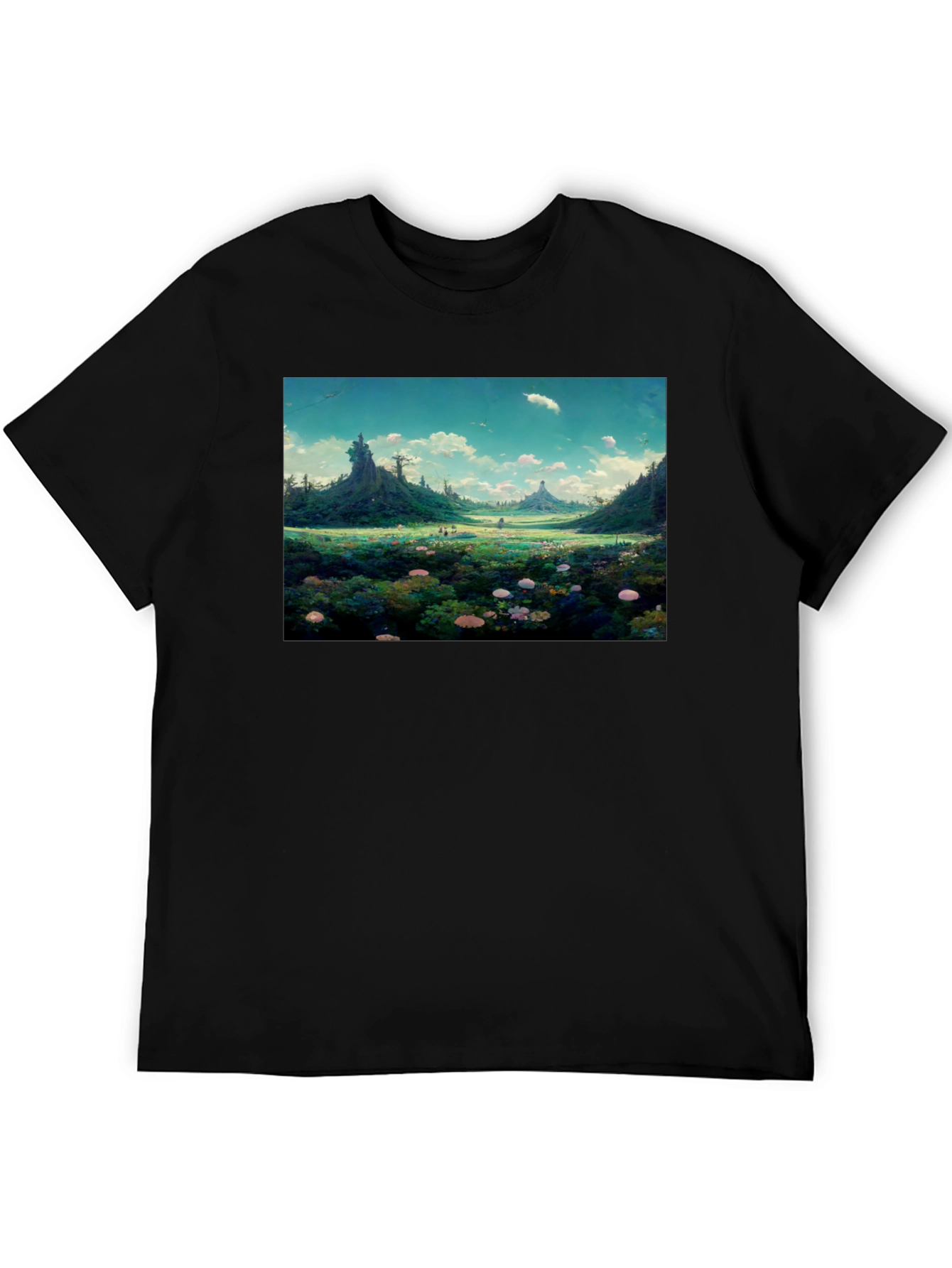 Black Whimsical Landscape Graphic Tee - Nature Lover's Shirt view 5