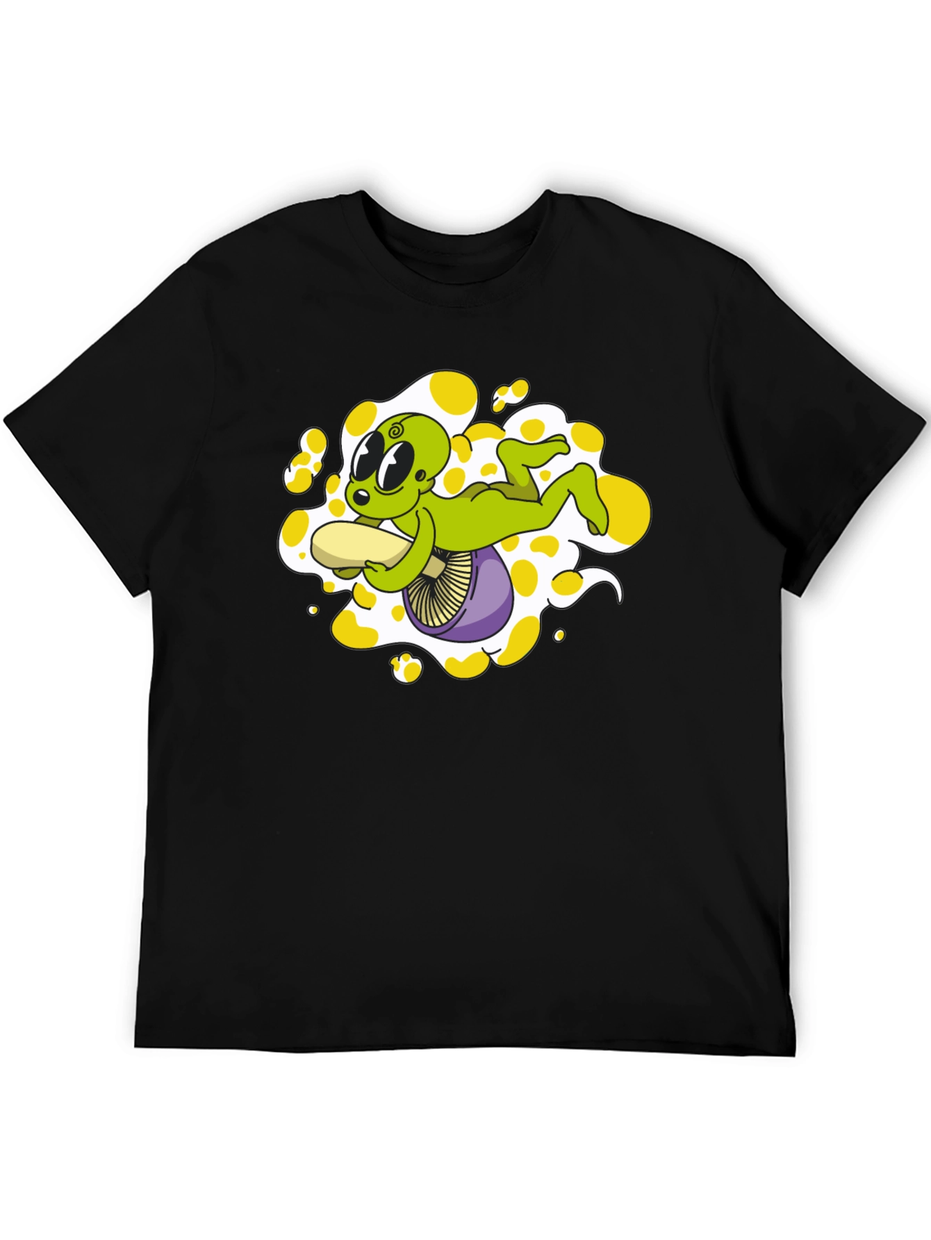 Black Alien Riding Mushroom Graphic Tee - Black Cotton T-Shirt view 5