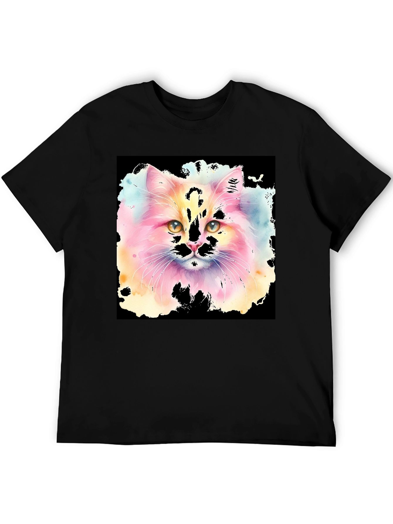 Black Watercolor Cat Graphic Tee - Black Cotton T-Shirt view 5