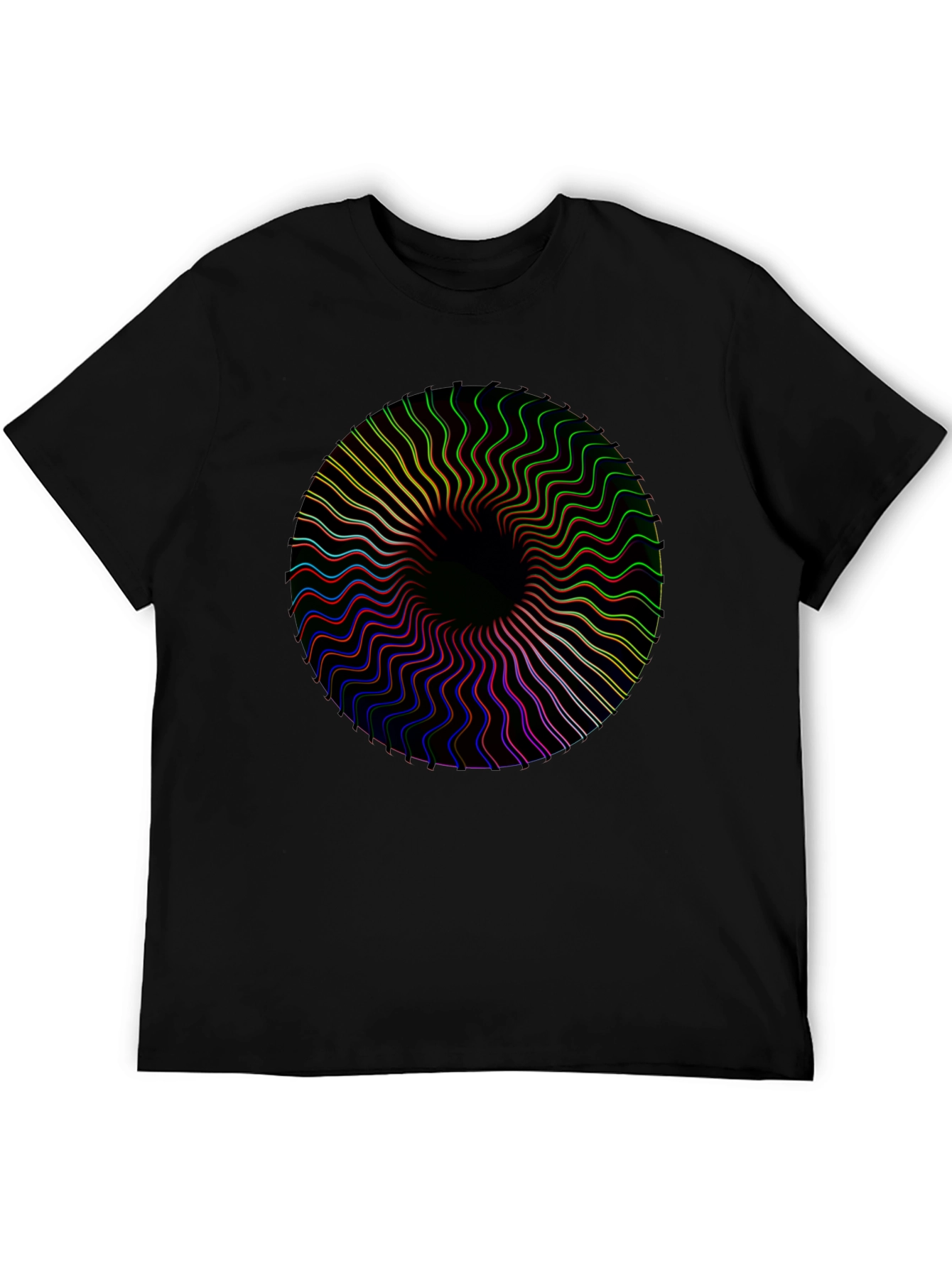 Black Vortex Tee: Black Shirt with Psychedelic Circle Design view 5