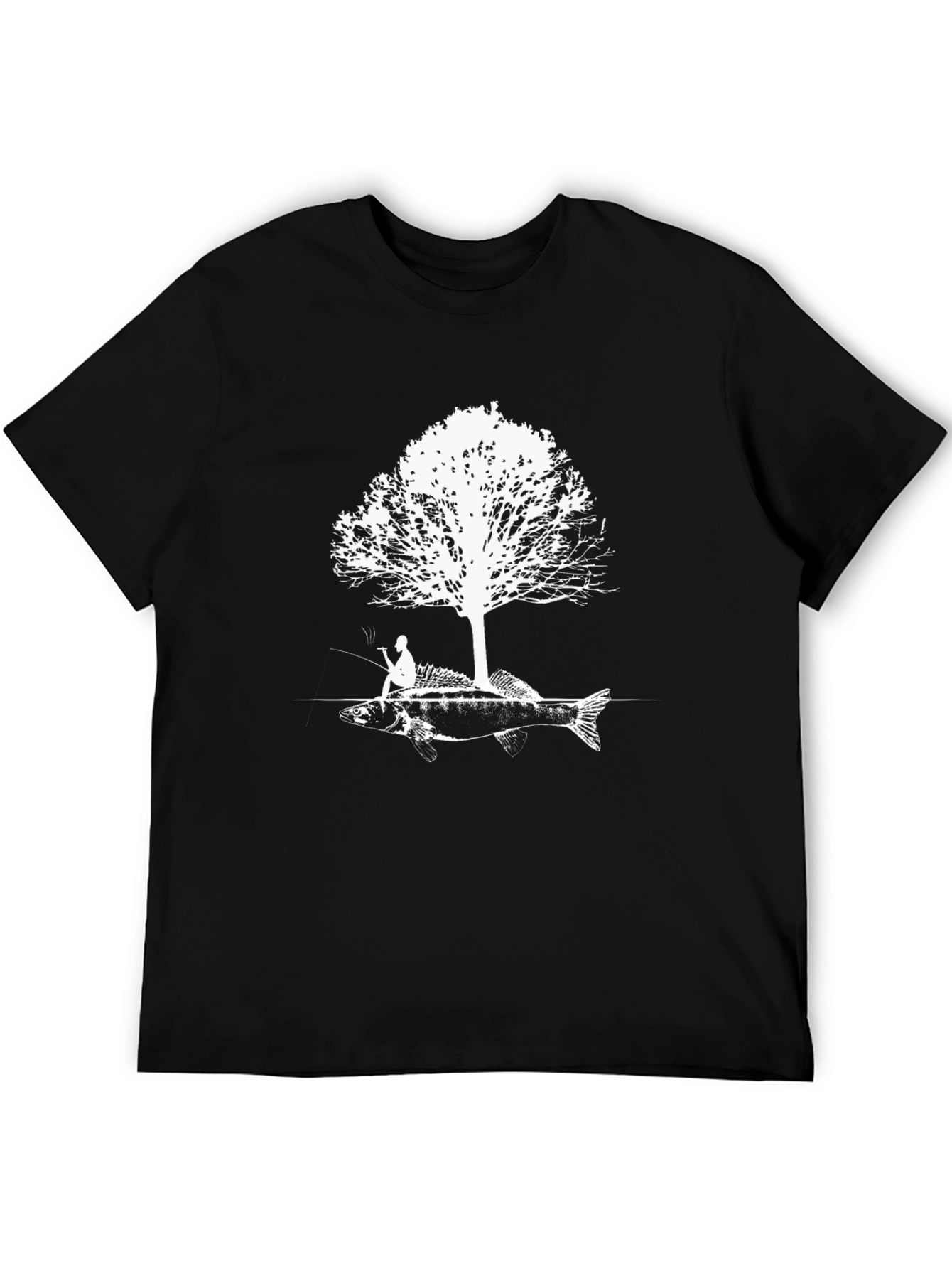 Black Fishing Tee: Fisherman Tree Fish Graphic T-Shirt view 5