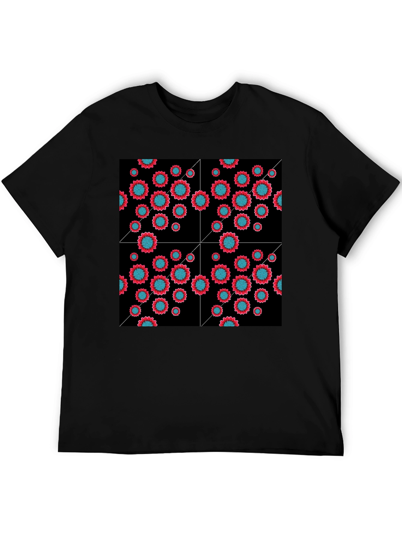 Black Floral Grid Black T-Shirt - Modern Geometric Style view 5