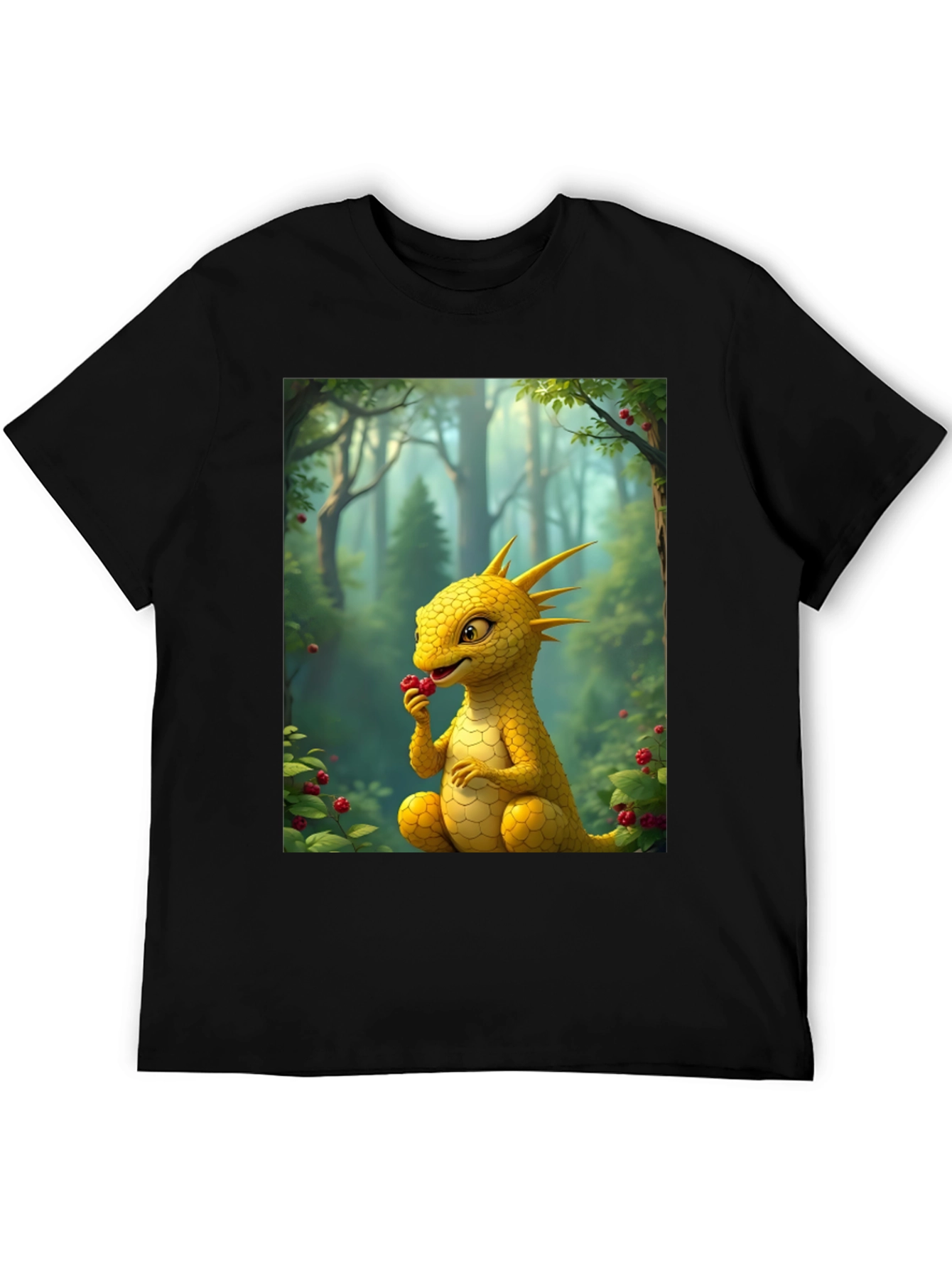 Black Cute Dragon Eating Berries Graphic Tee view 5