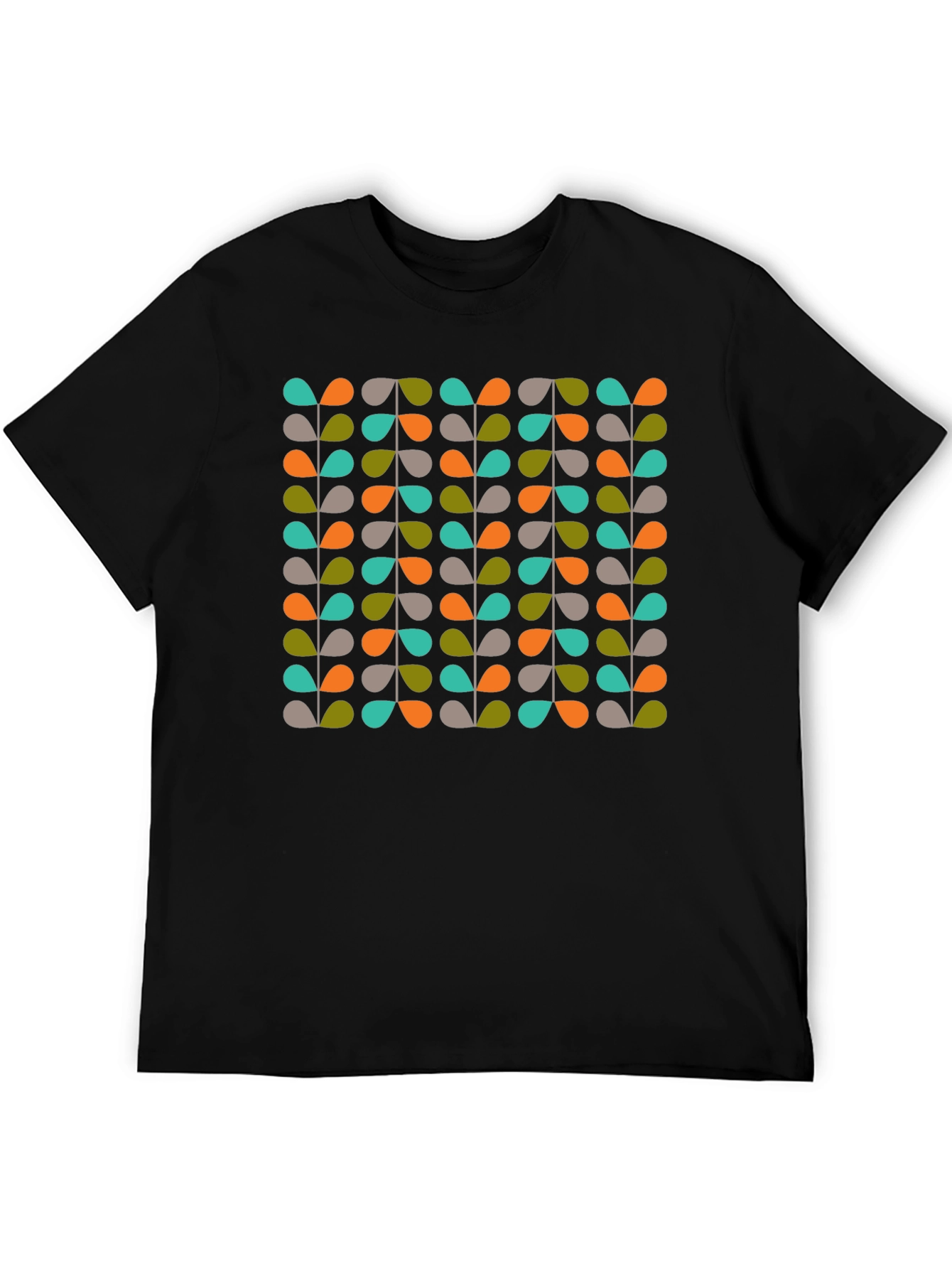Black Retro Leaves Pattern Black T-Shirt view 5