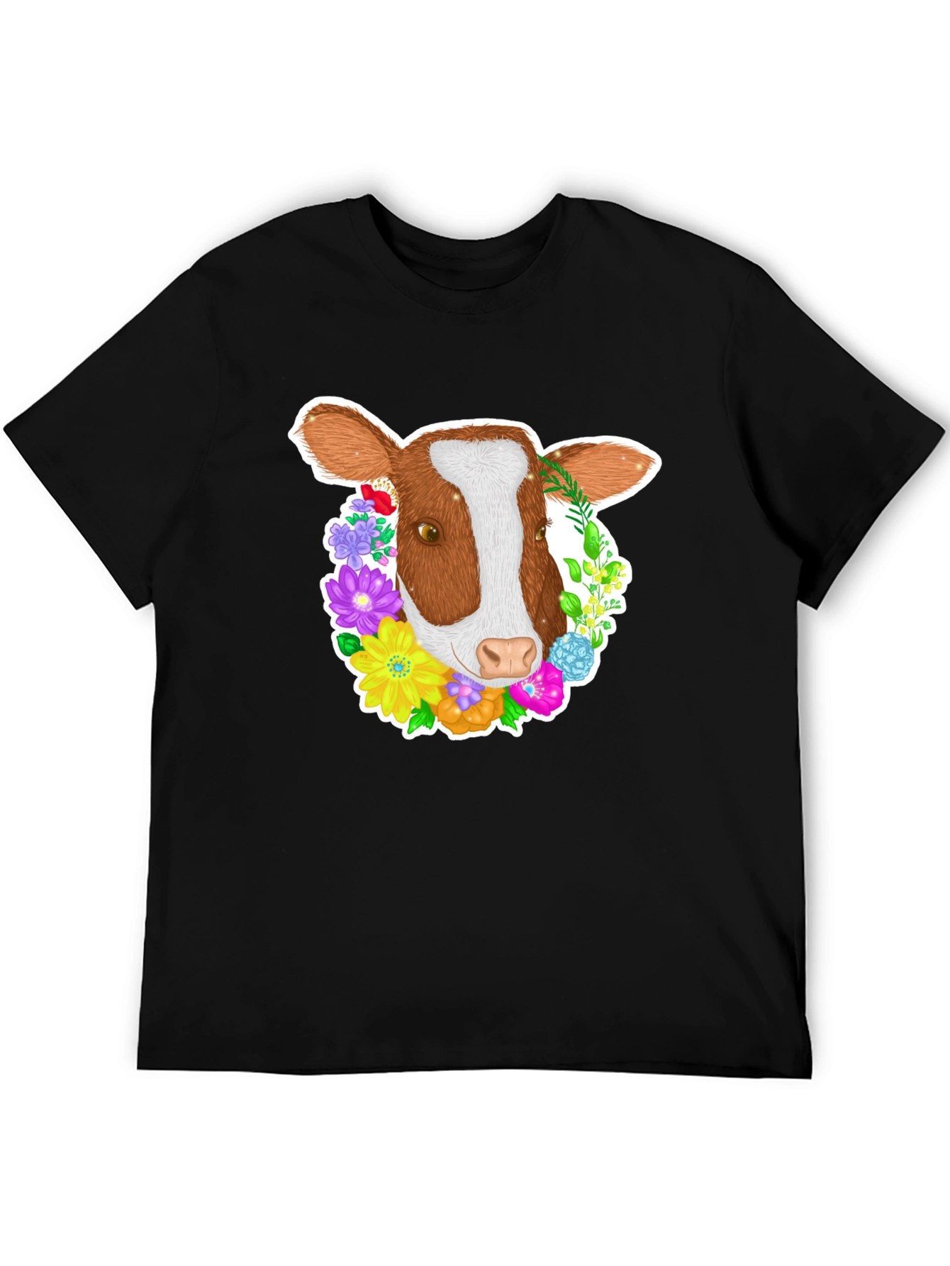 Black Floral Cow T-Shirt - Black Cotton Tee view 5