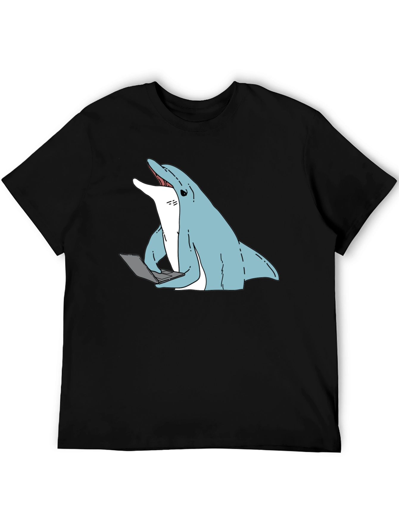 Black Dolphin Laptop Tee - Casual Cotton Blend T-Shirt view 5