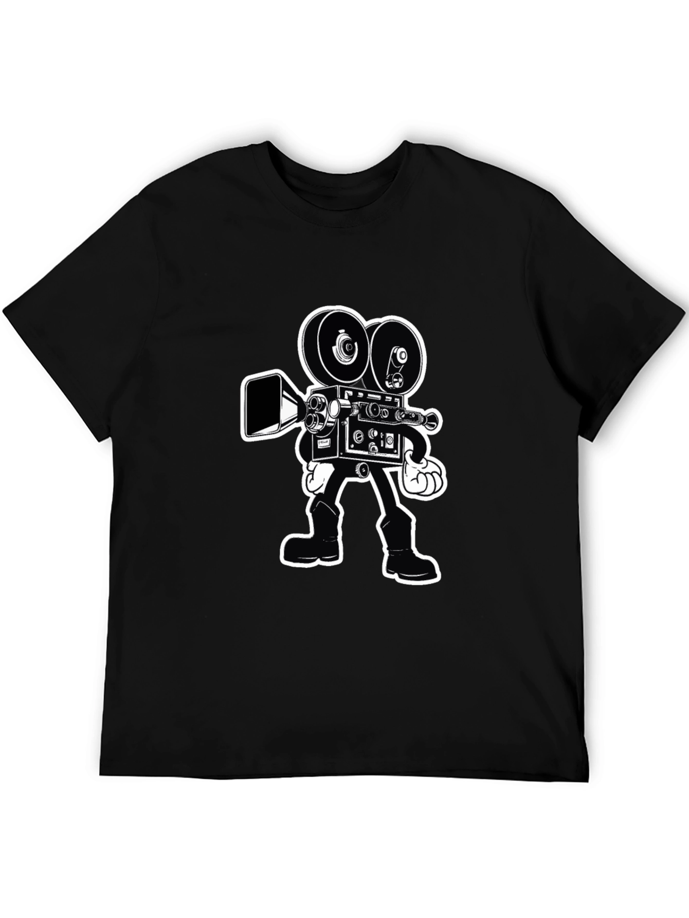 Black Retro Cartoon Movie Camera T-Shirt - Black Cotton Tee view 5
