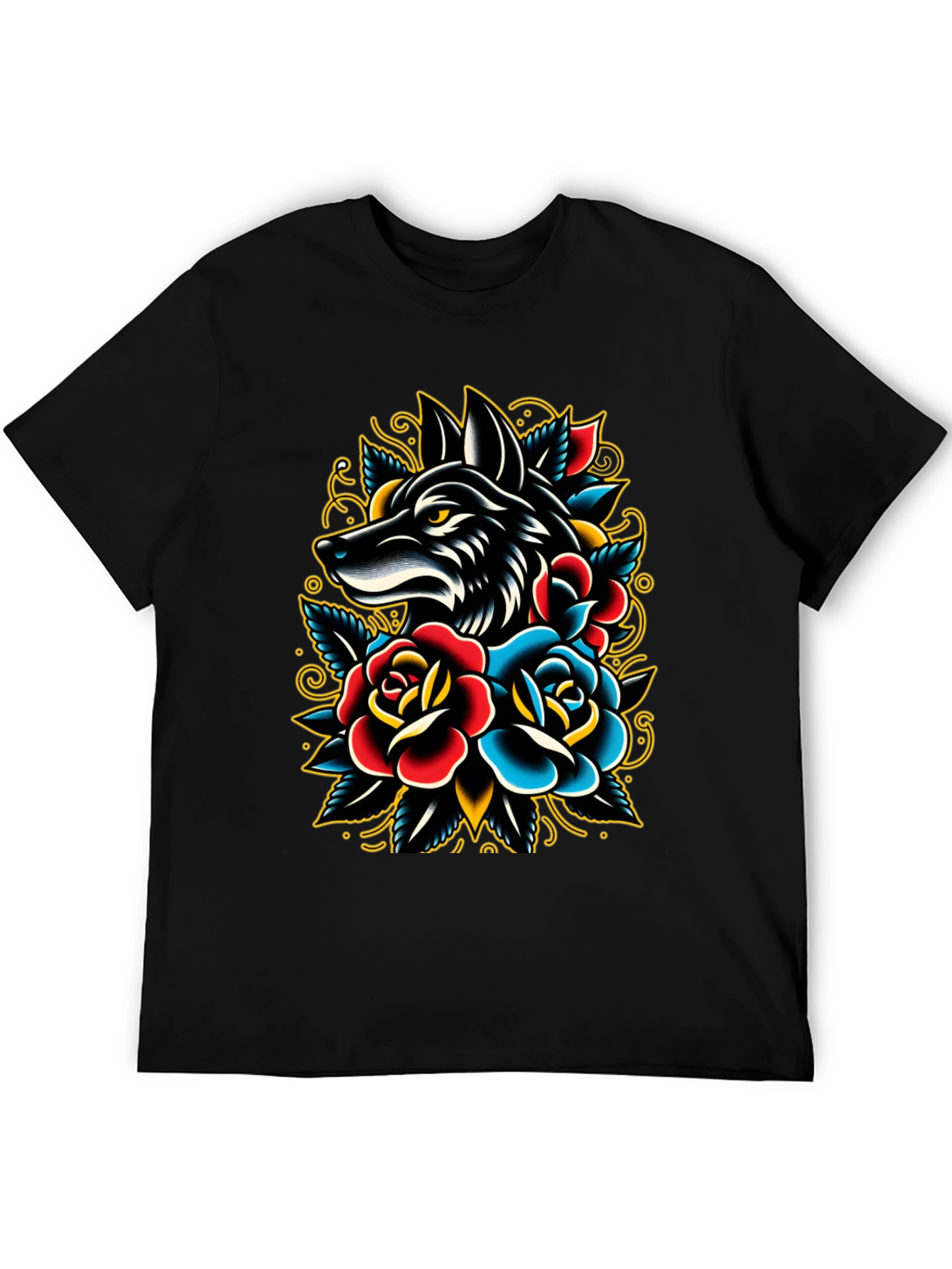Black Wolf & Roses Graphic Tee - Classic Tattoo Style view 5