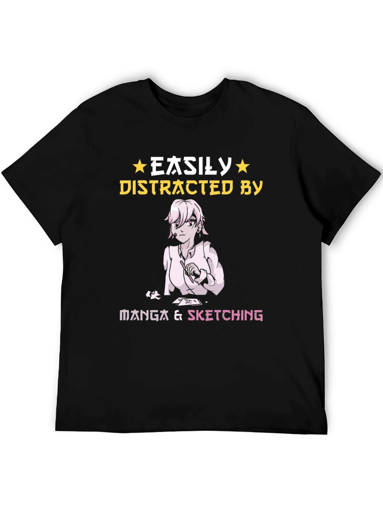Black Easily Distracted by Manga & Sketching T-Shirt view 5