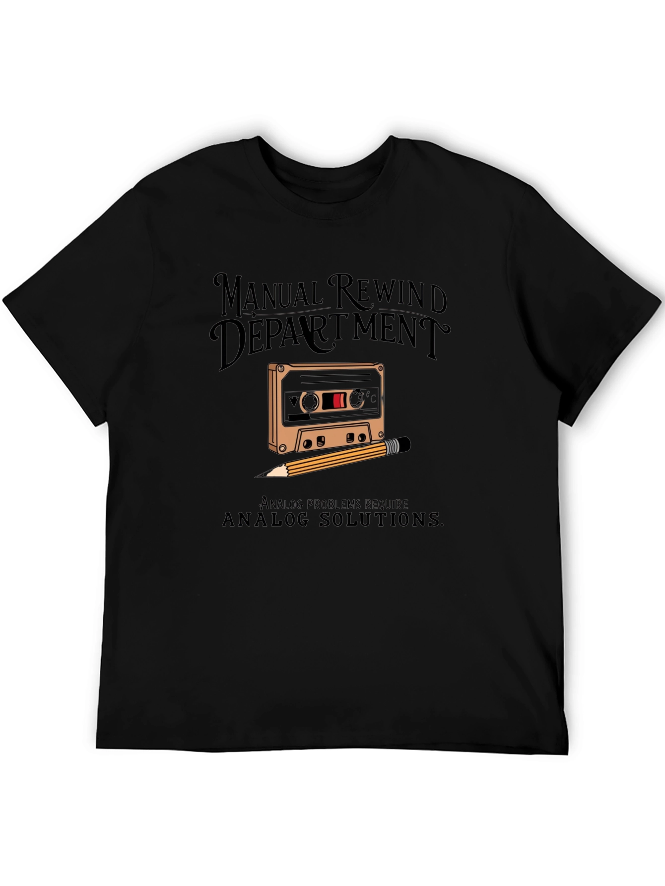 Black Manual Rewind Department Cassette Tape T-Shirt view 5
