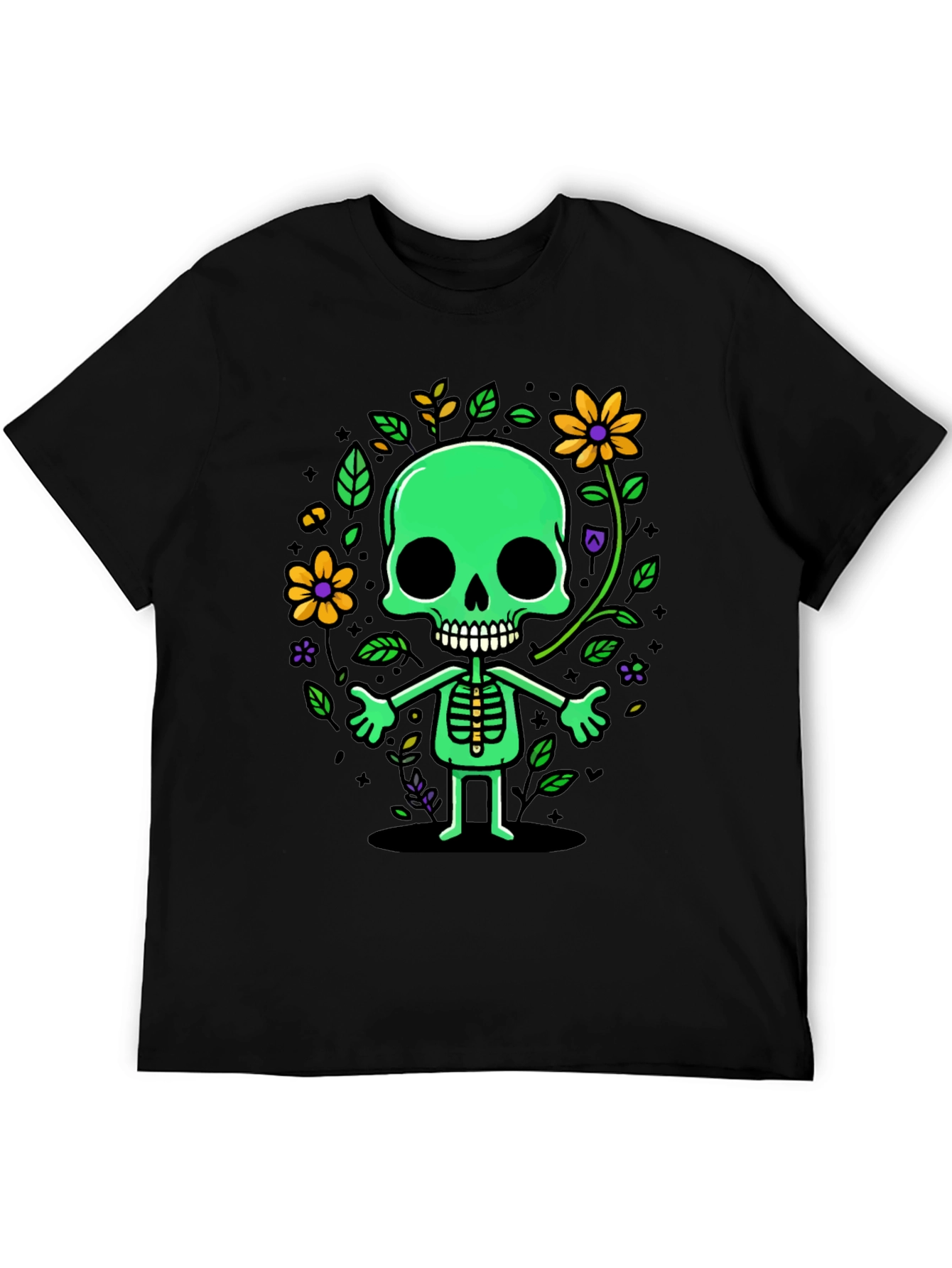Black Green Floral Skeleton Graphic Tee view 5