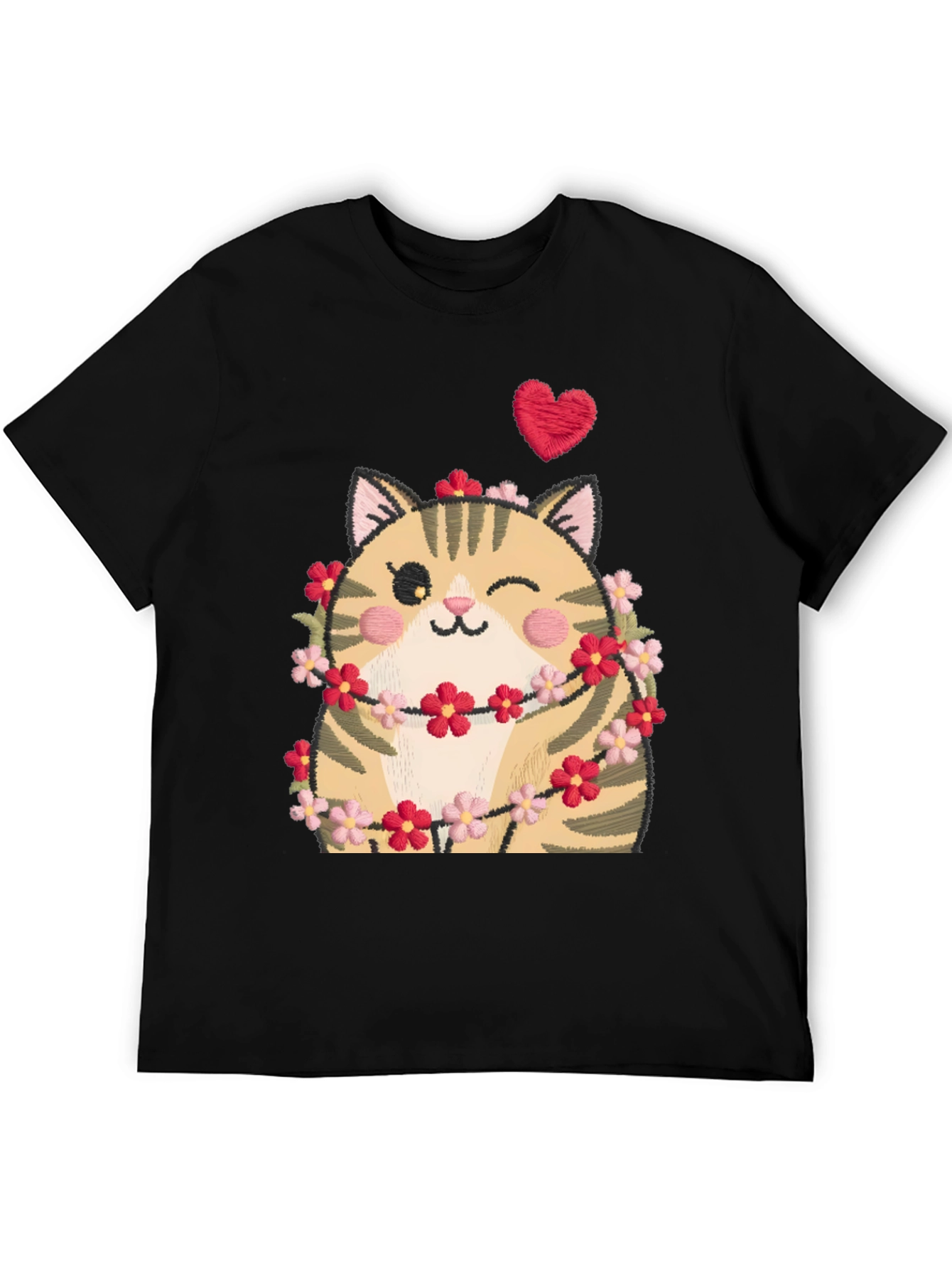 Black Cute Cat in Flowers Black T-Shirt view 5