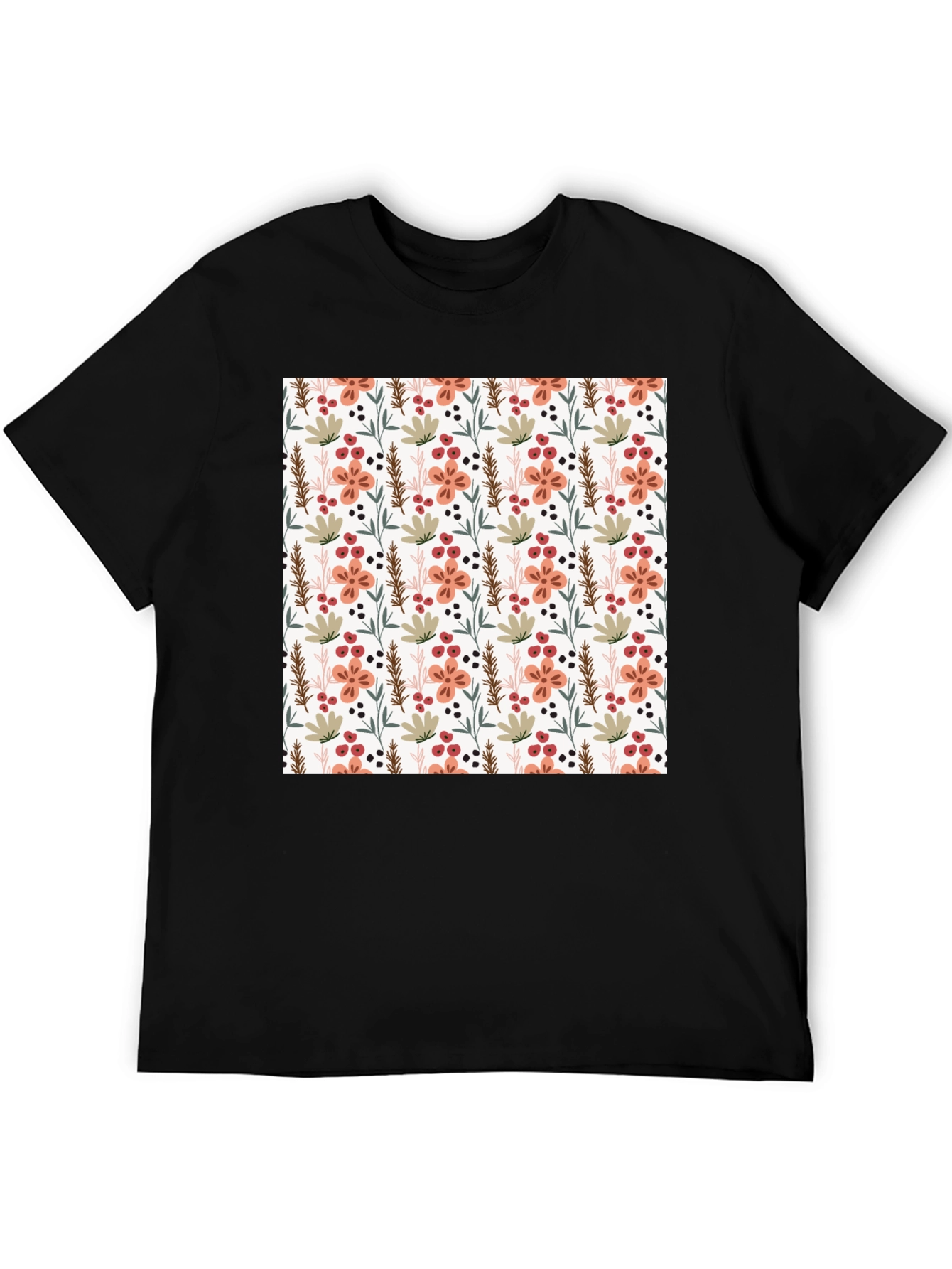 Black Floral Pattern Black Crew Neck T-Shirt view 5
