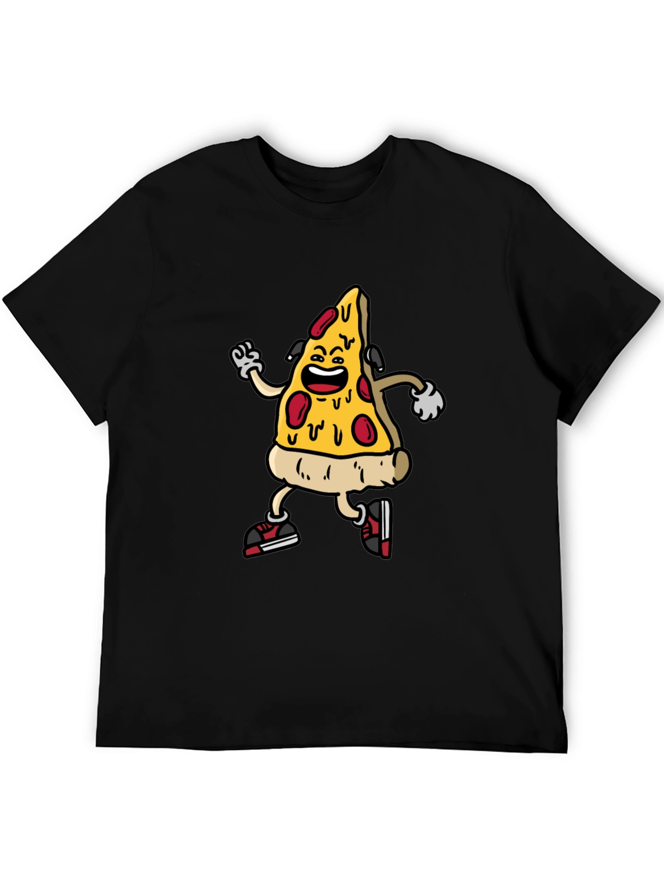 Black Cartoon Pizza Slice Graphic Tee - Black Cotton Blend Shirt view 5